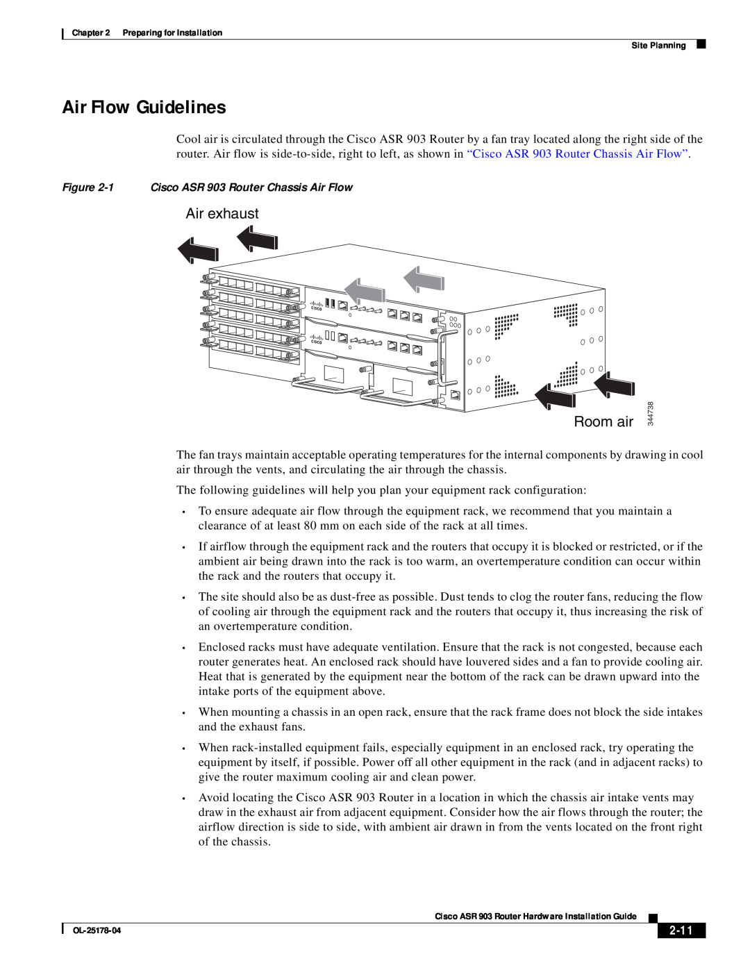 Cisco Systems ASR 903 manual Air Flow Guidelines, 2-11, Air exhaust, Room air 