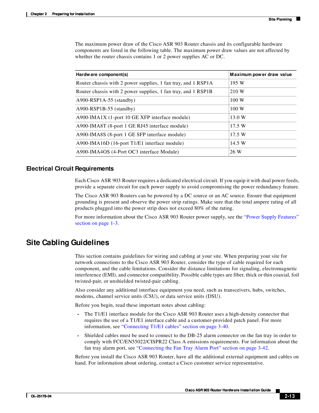 Cisco Systems ASR 903 manual Site Cabling Guidelines, Electrical Circuit Requirements, 2-13 