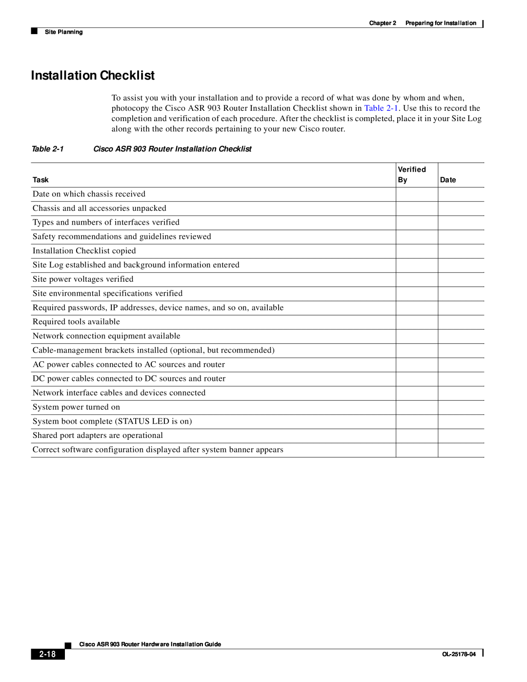 Cisco Systems ASR 903 manual Installation Checklist, 2-18 