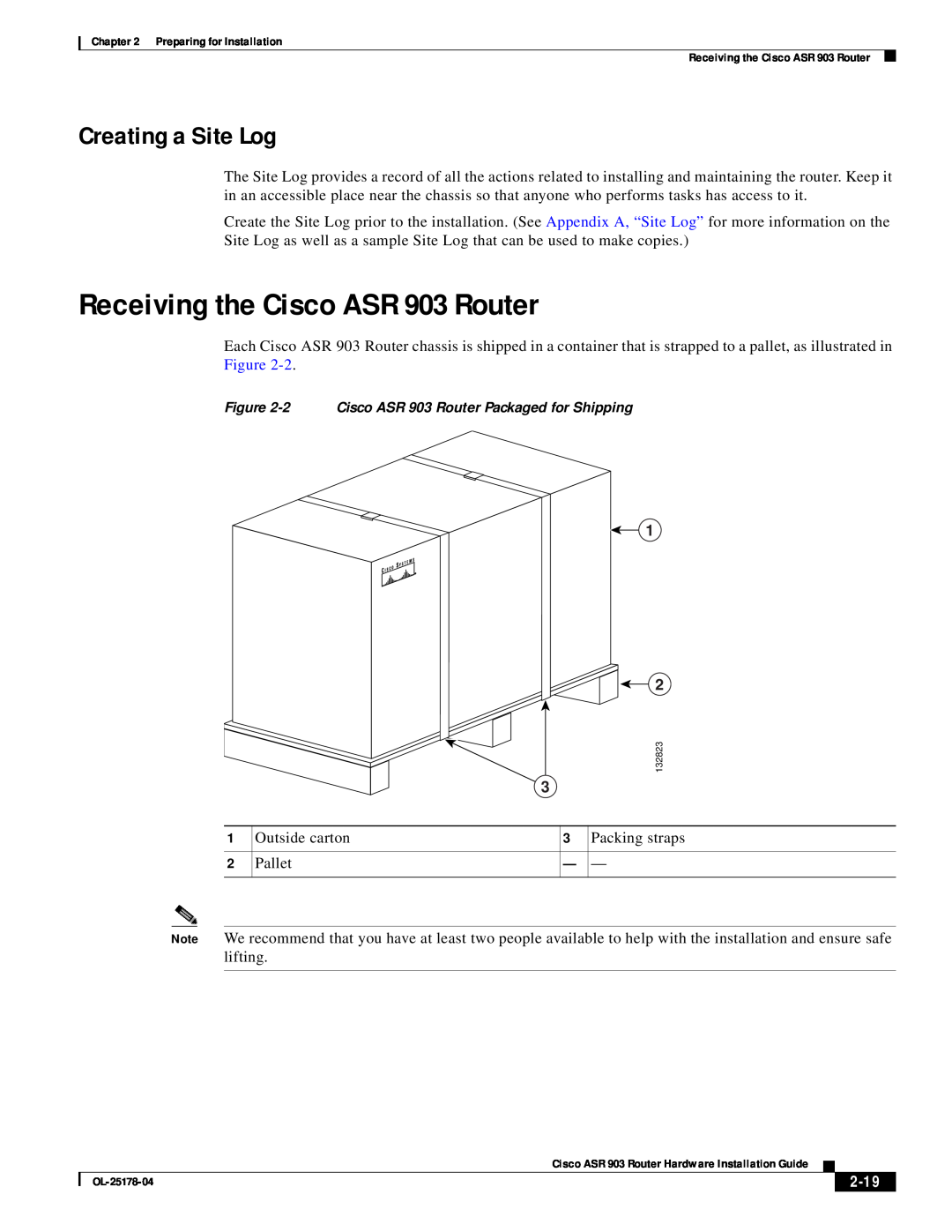 Cisco Systems manual Receiving the Cisco ASR 903 Router, Creating a Site Log, 2-19 