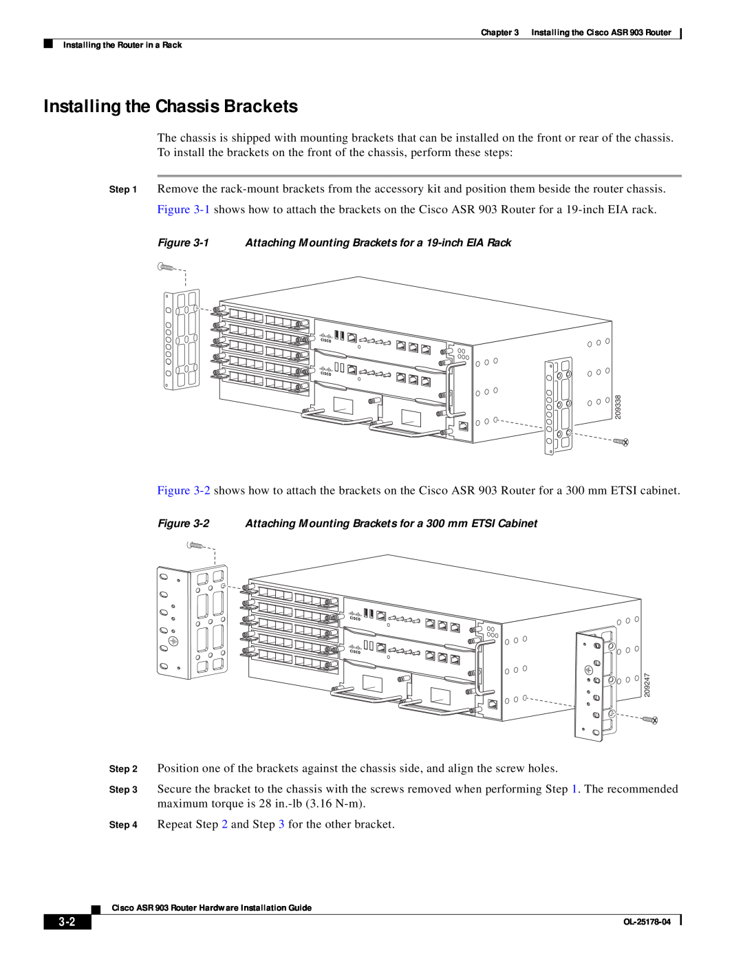 Cisco Systems ASR 903 manual Installing the Chassis Brackets 