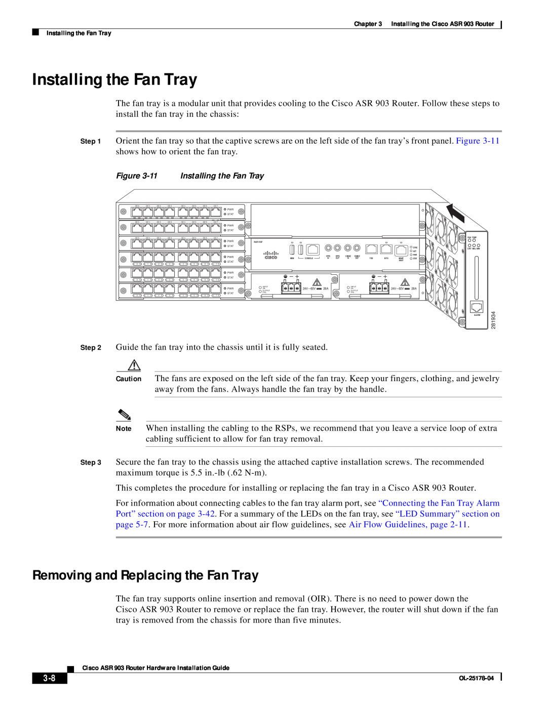 Cisco Systems ASR 903 manual Installing the Fan Tray, Removing and Replacing the Fan Tray 