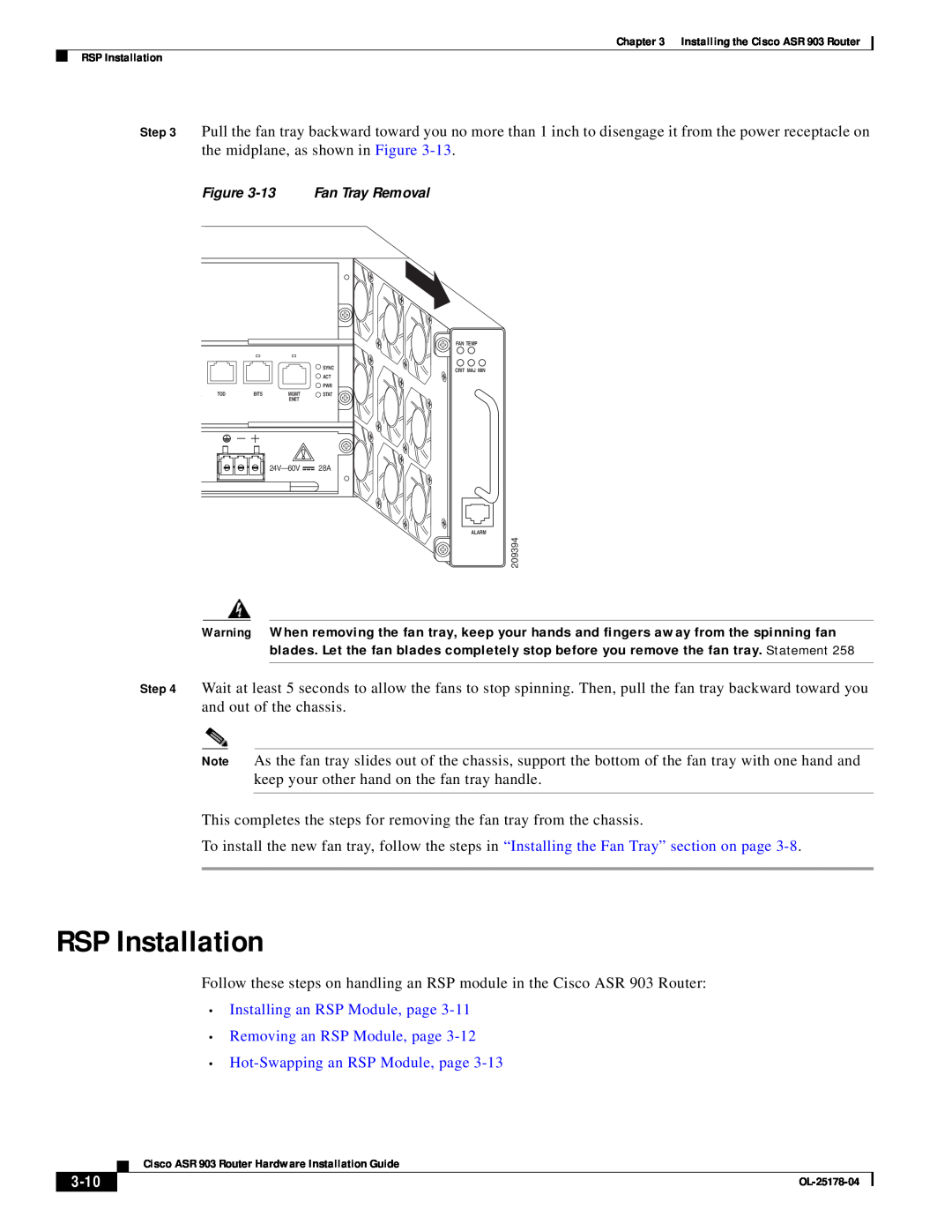 Cisco Systems ASR 903 manual RSP Installation, Installing an RSP Module, page Removing an RSP Module, page, 3-10 