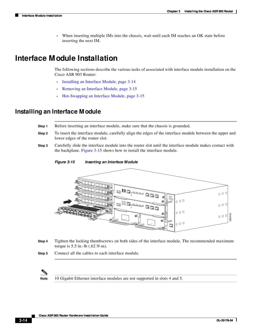 Cisco Systems ASR 903 manual Interface Module Installation, Installing an Interface Module, page, 3-14 