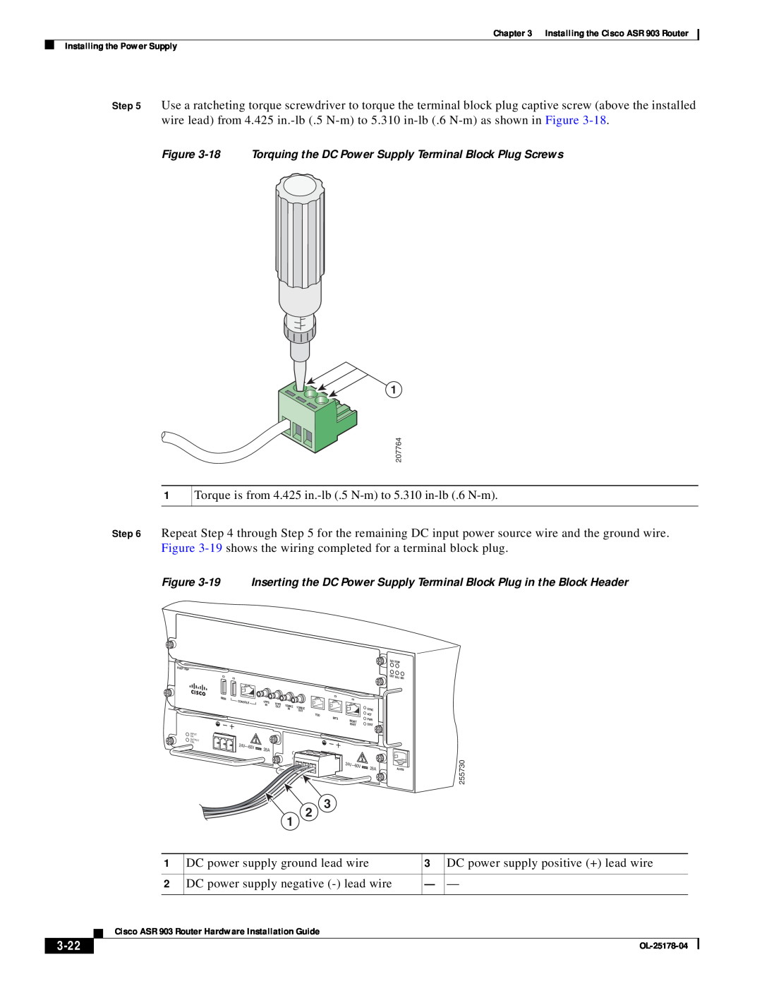 Cisco Systems ASR 903 manual 3-22, Torque is from 4.425 in.-lb .5 N-m to 5.310 in-lb .6 N-m 