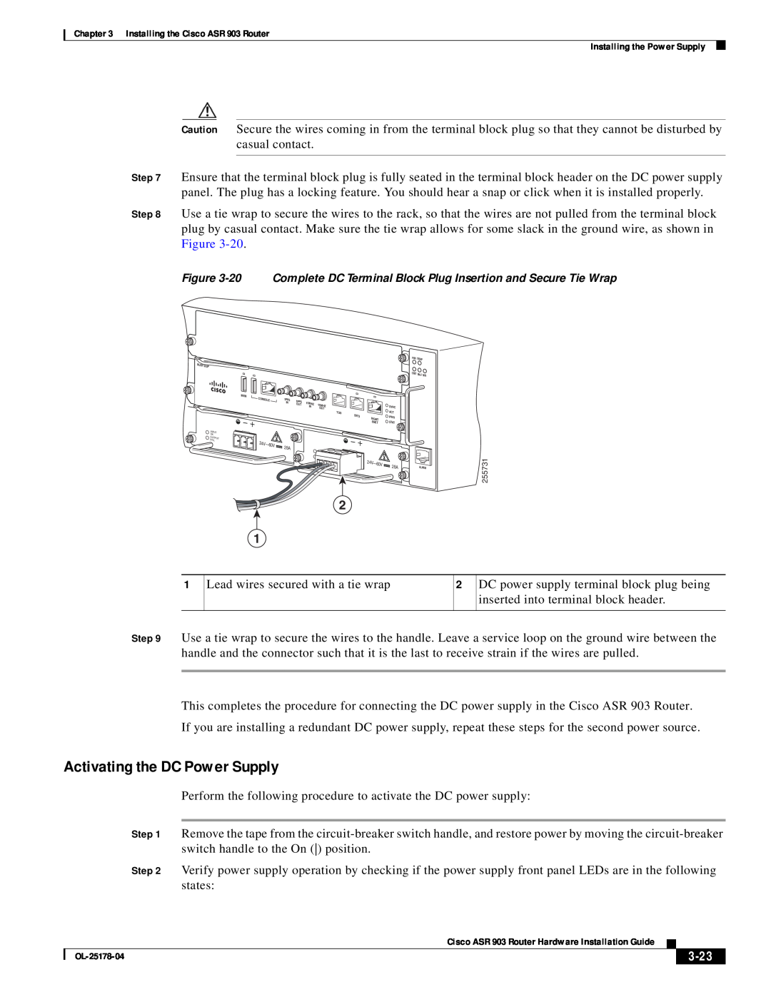 Cisco Systems ASR 903 manual Activating the DC Power Supply, 3-23 
