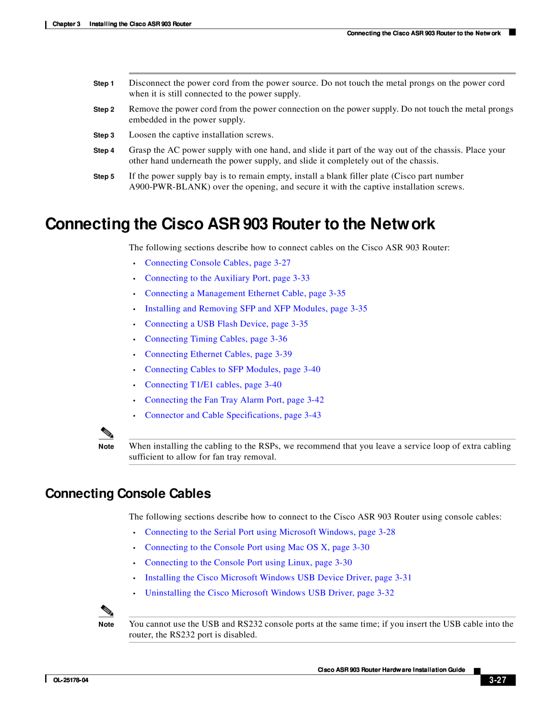 Cisco Systems manual Connecting the Cisco ASR 903 Router to the Network, Connecting Console Cables, 3-27 