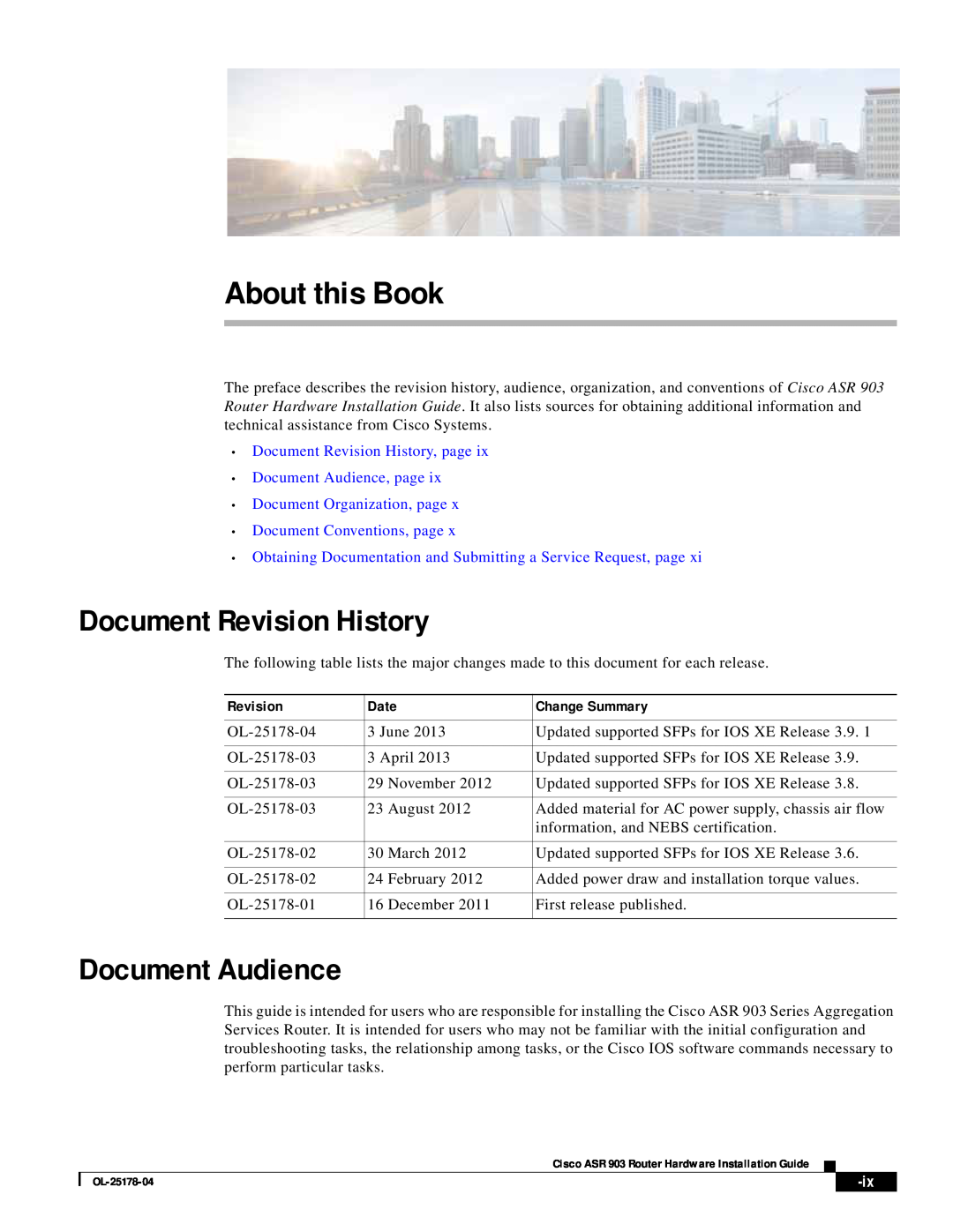 Cisco Systems ASR 903 manual About this Book, Document Revision History, Document Audience 