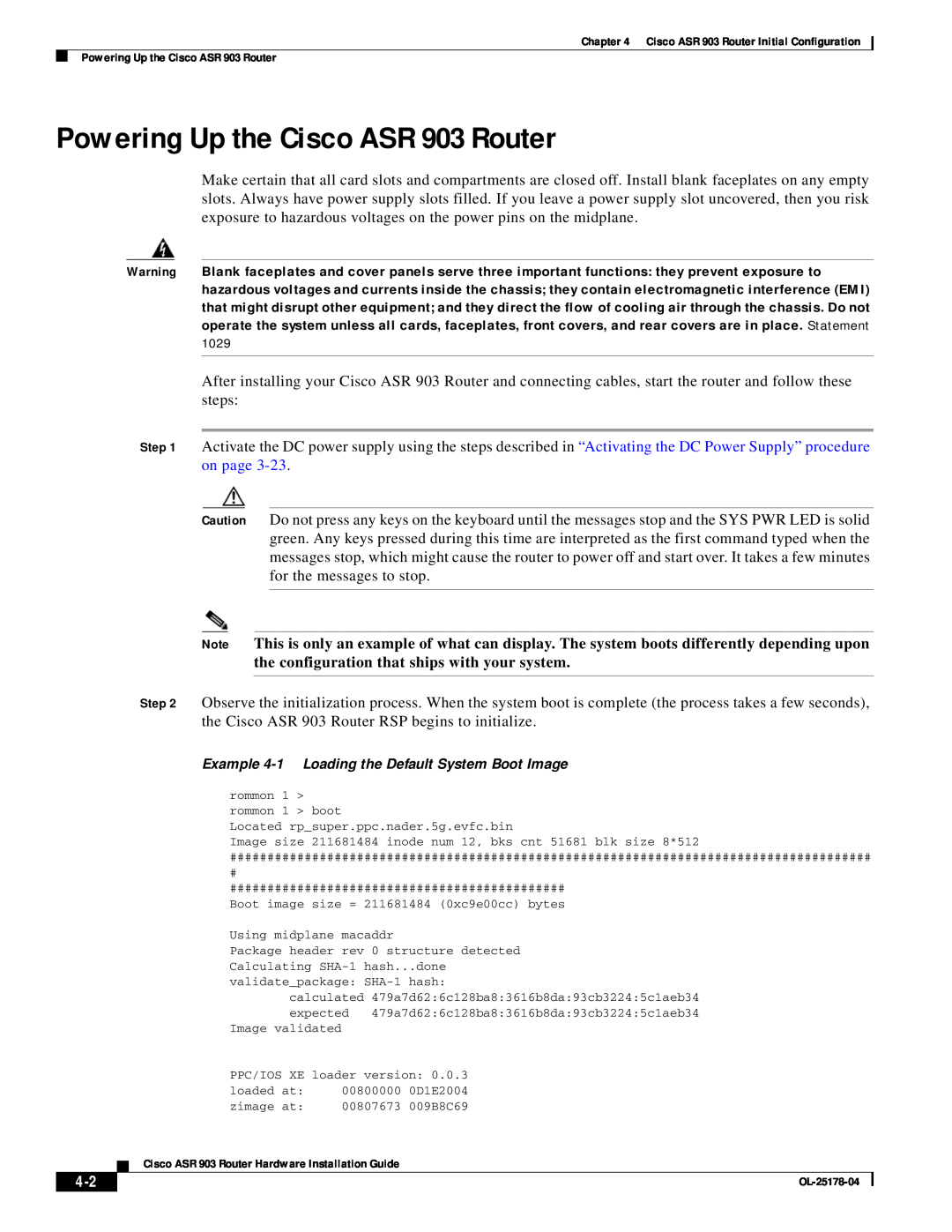 Cisco Systems manual Powering Up the Cisco ASR 903 Router, Example 4-1 Loading the Default System Boot Image 