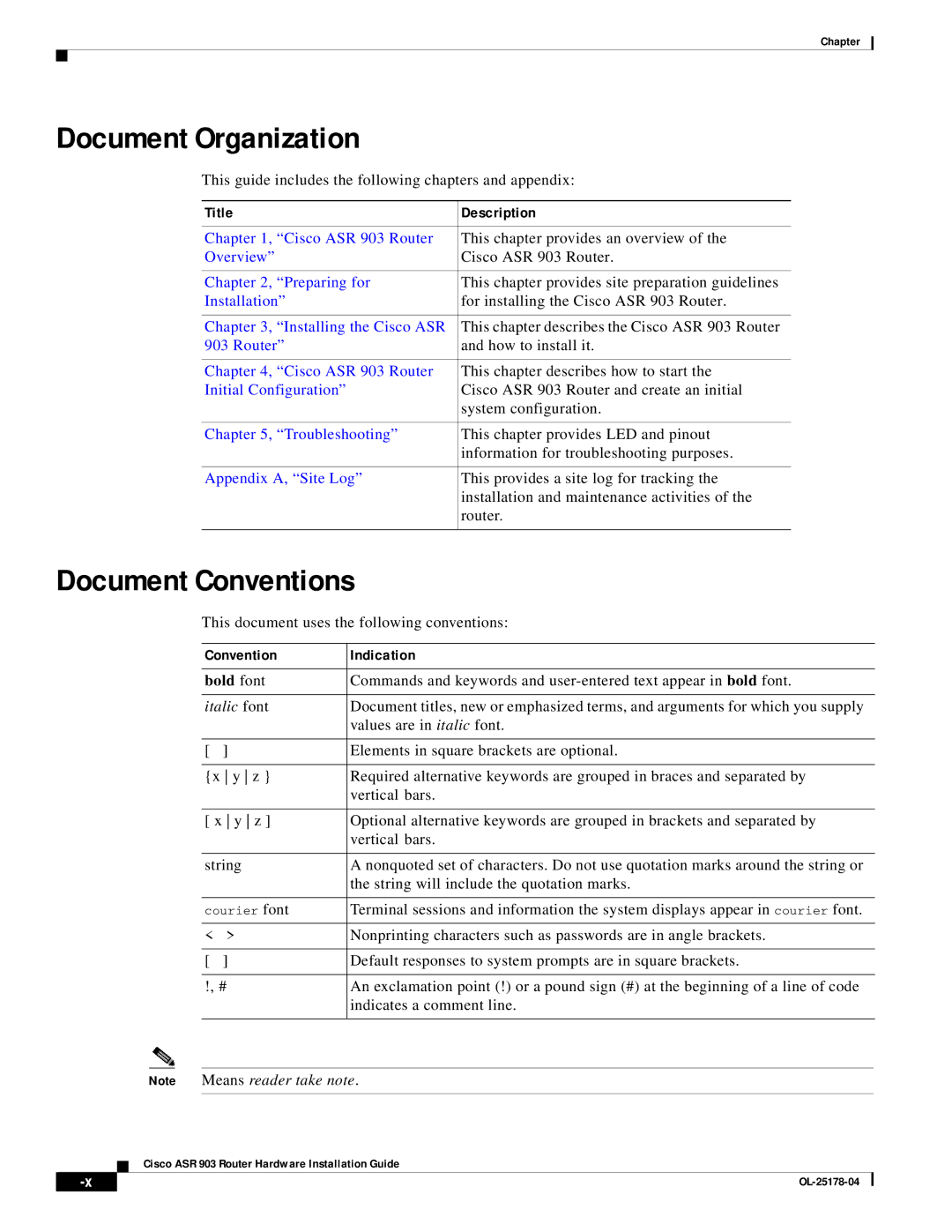 Cisco Systems ASR 903 manual Document Organization, Document Conventions, Title Description, Convention Indication 