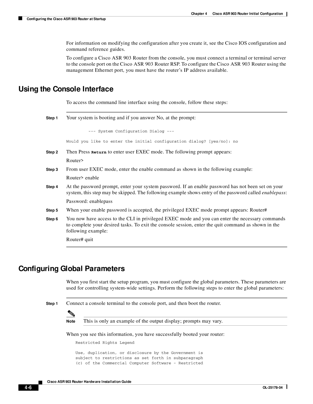 Cisco Systems ASR 903 manual Using the Console Interface, Configuring Global Parameters 