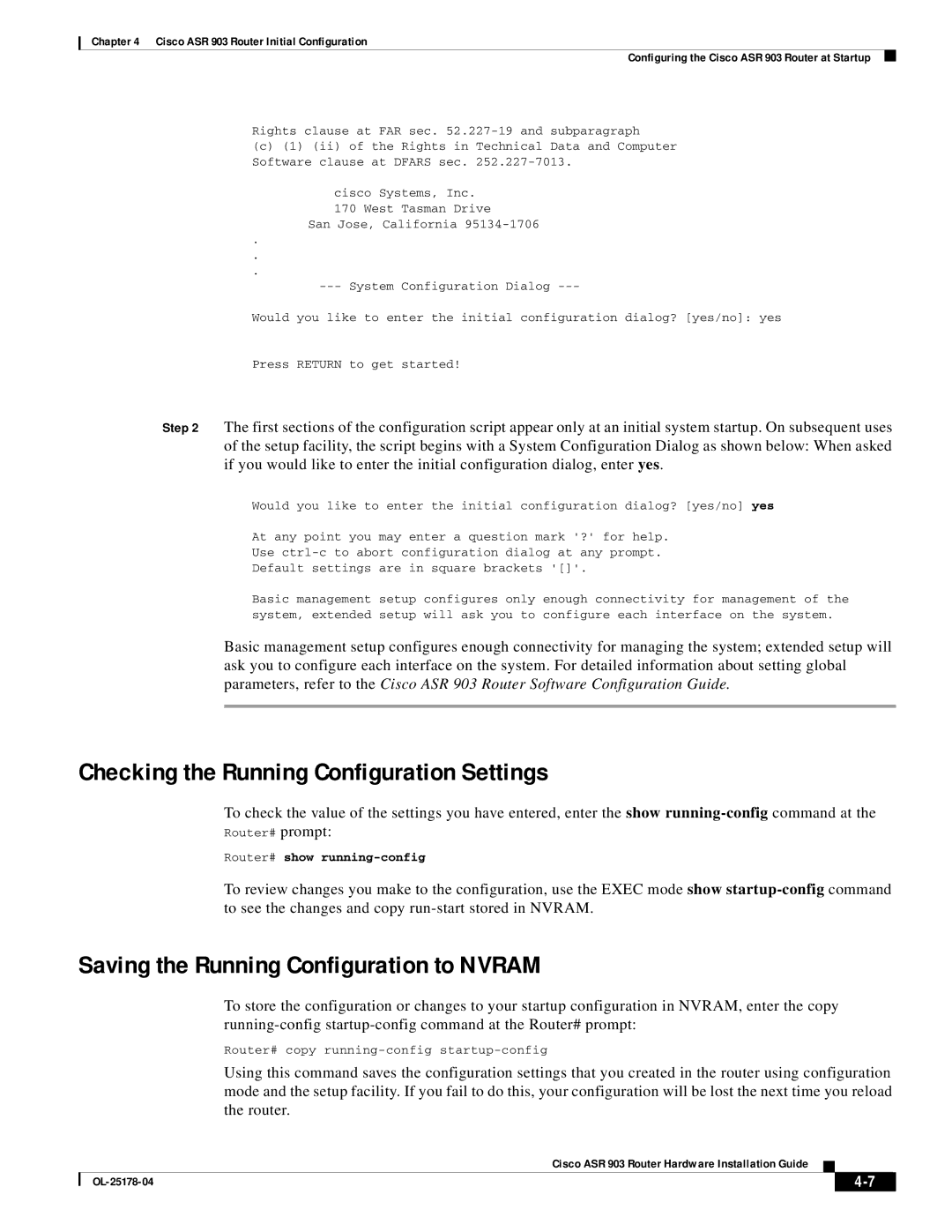 Cisco Systems ASR 903 manual Checking the Running Configuration Settings, Saving the Running Configuration to Nvram 