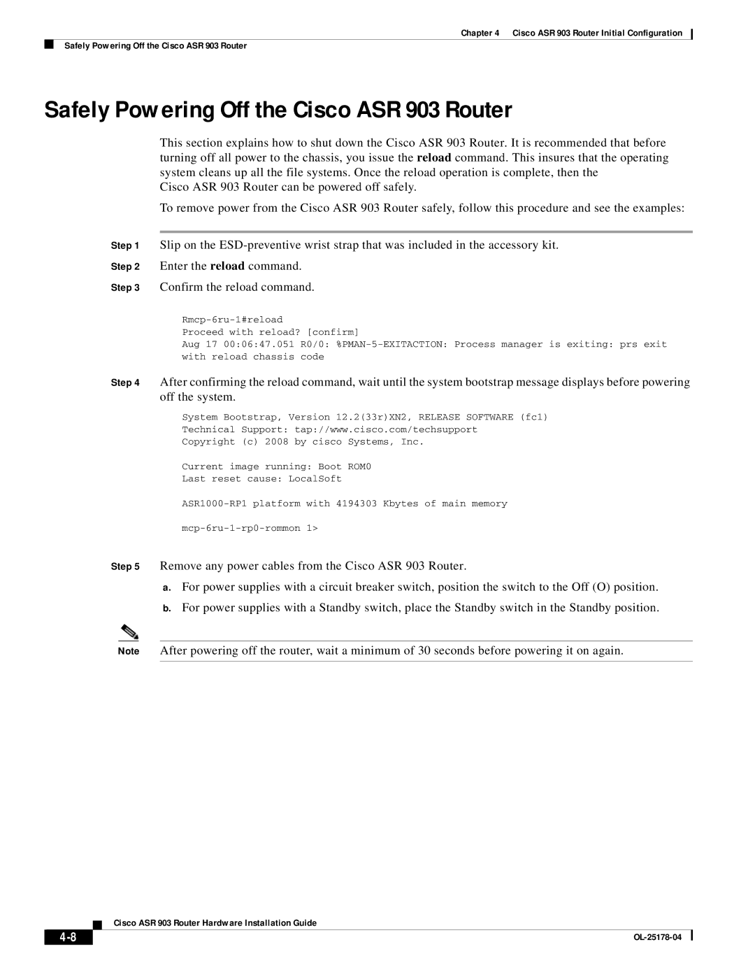 Cisco Systems manual Safely Powering Off the Cisco ASR 903 Router 