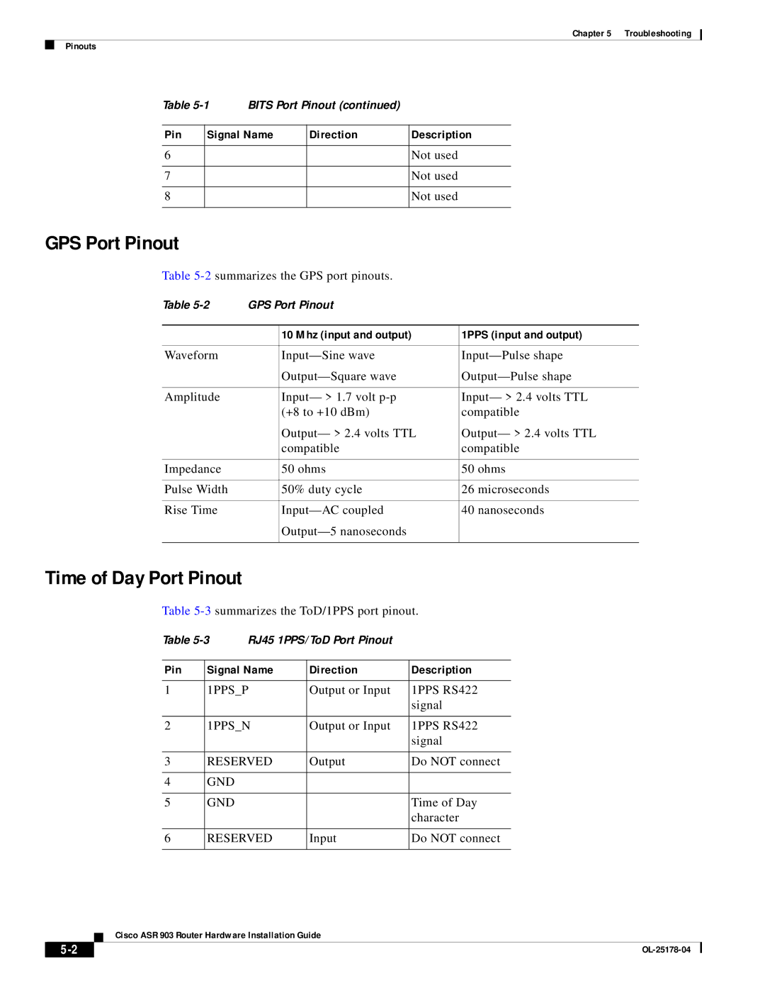 Cisco Systems ASR 903 manual GPS Port Pinout, Time of Day Port Pinout, Mhz input and output 1PPS input and output 