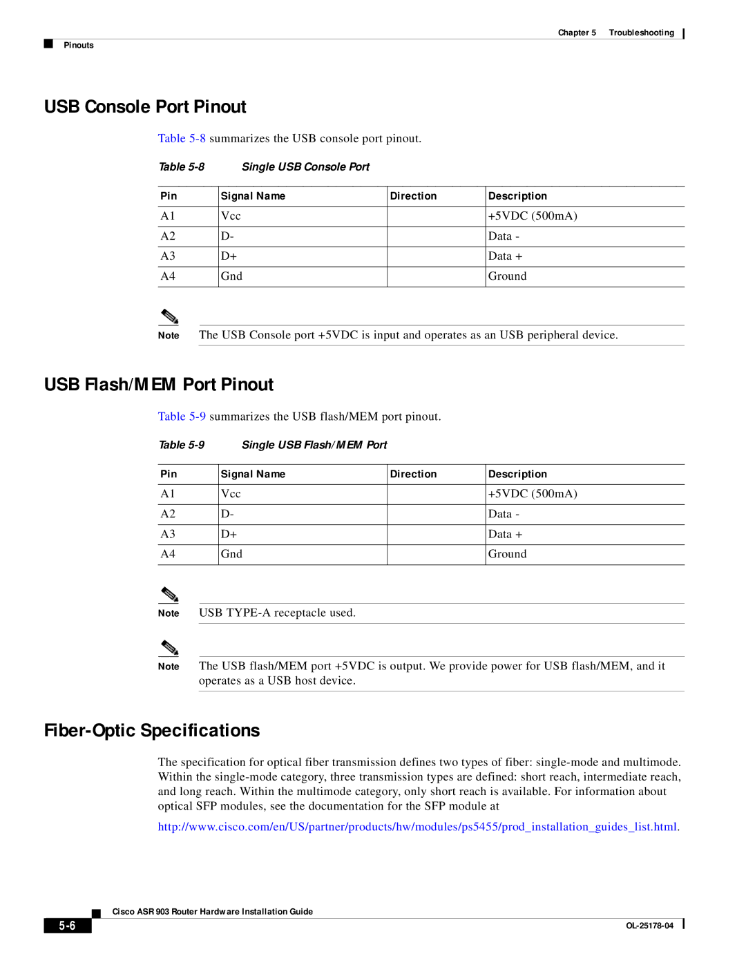 Cisco Systems ASR 903 manual USB Console Port Pinout, USB Flash/MEM Port Pinout, Fiber-Optic Specifications 