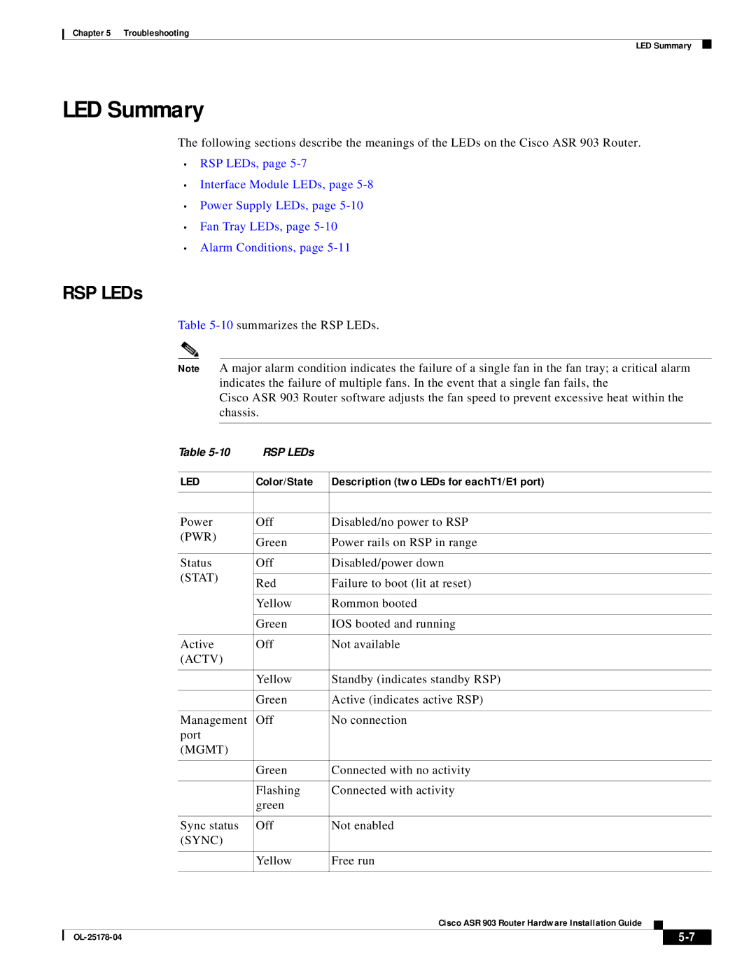 Cisco Systems ASR 903 manual LED Summary, RSP LEDs, Color/State Description two LEDs for eachT1/E1 port 