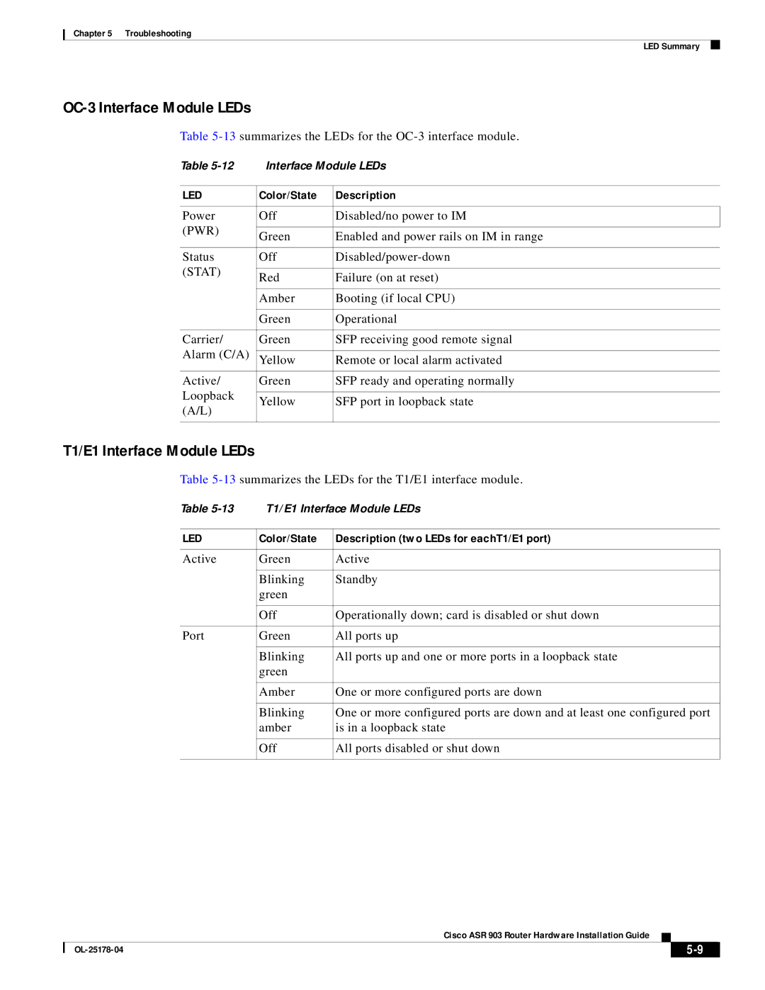 Cisco Systems ASR 903 manual OC-3 Interface Module LEDs, T1/E1 Interface Module LEDs 