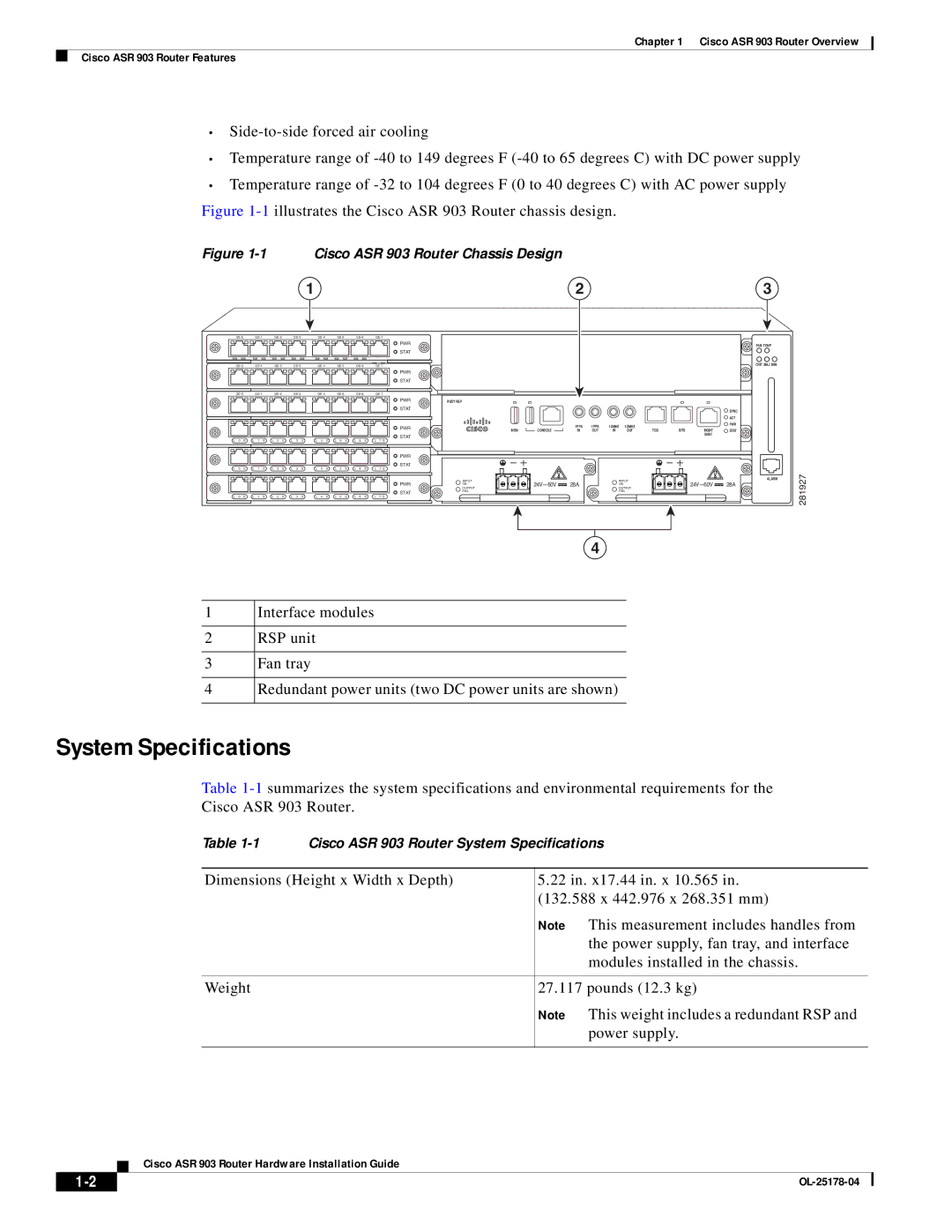 Cisco Systems manual System Specifications, Cisco ASR 903 Router Chassis Design 