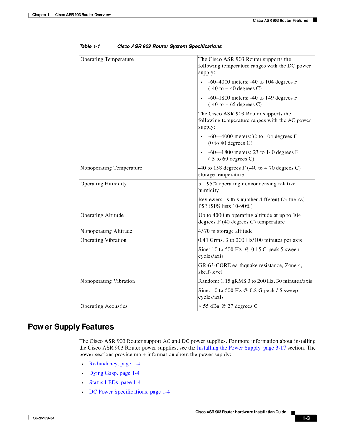 Cisco Systems ASR 903 manual Power Supply Features 