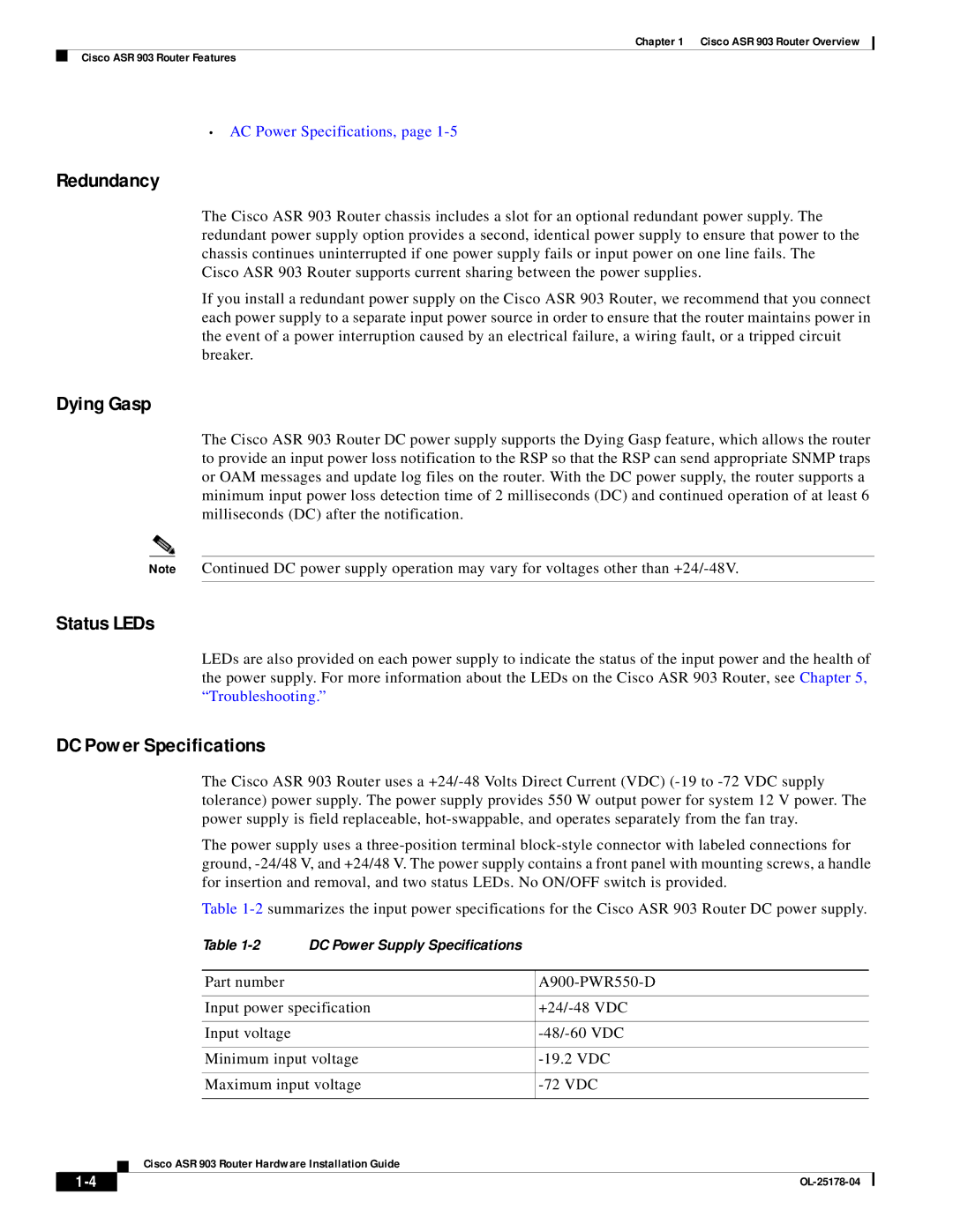 Cisco Systems ASR 903 manual Redundancy, Dying Gasp, Status LEDs, DC Power Specifications 