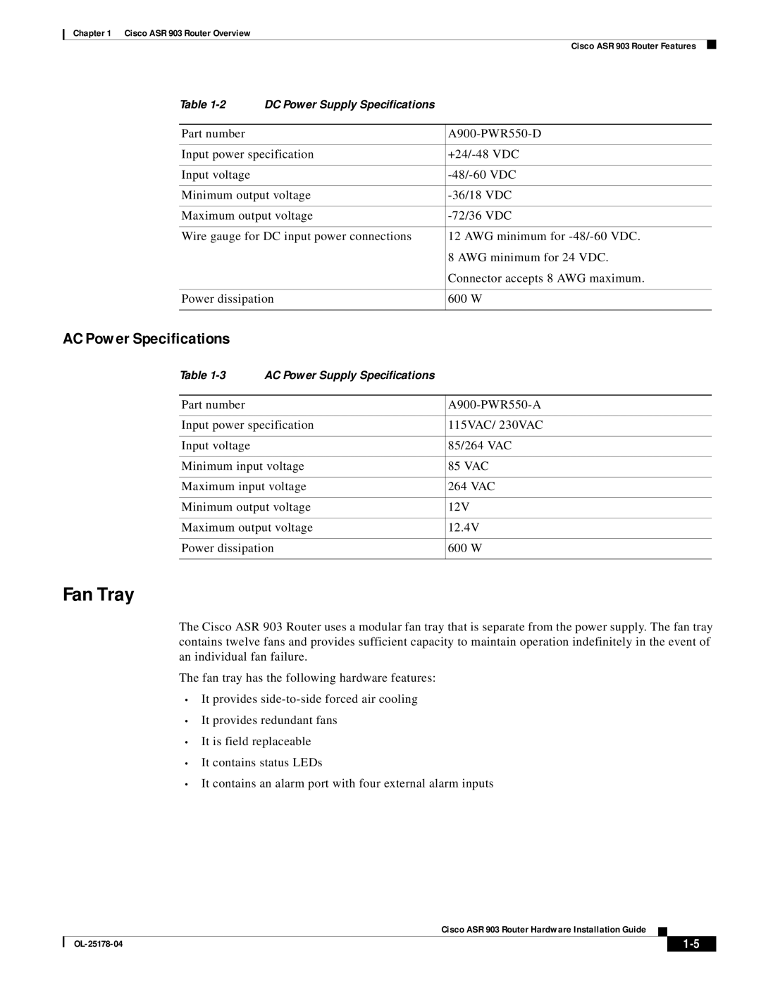 Cisco Systems ASR 903 manual Fan Tray, AC Power Specifications 