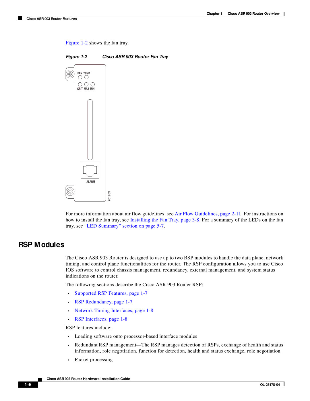 Cisco Systems ASR 903 manual RSP Modules, 2shows the fan tray 