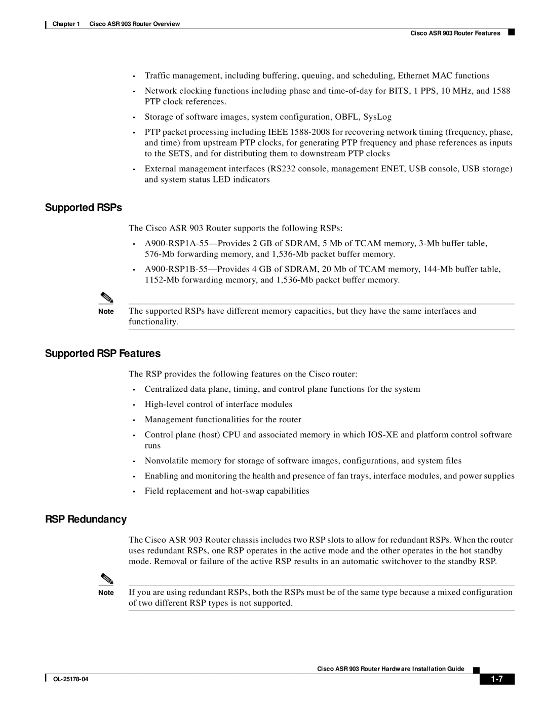 Cisco Systems ASR 903 manual Supported RSPs, Supported RSP Features, RSP Redundancy 