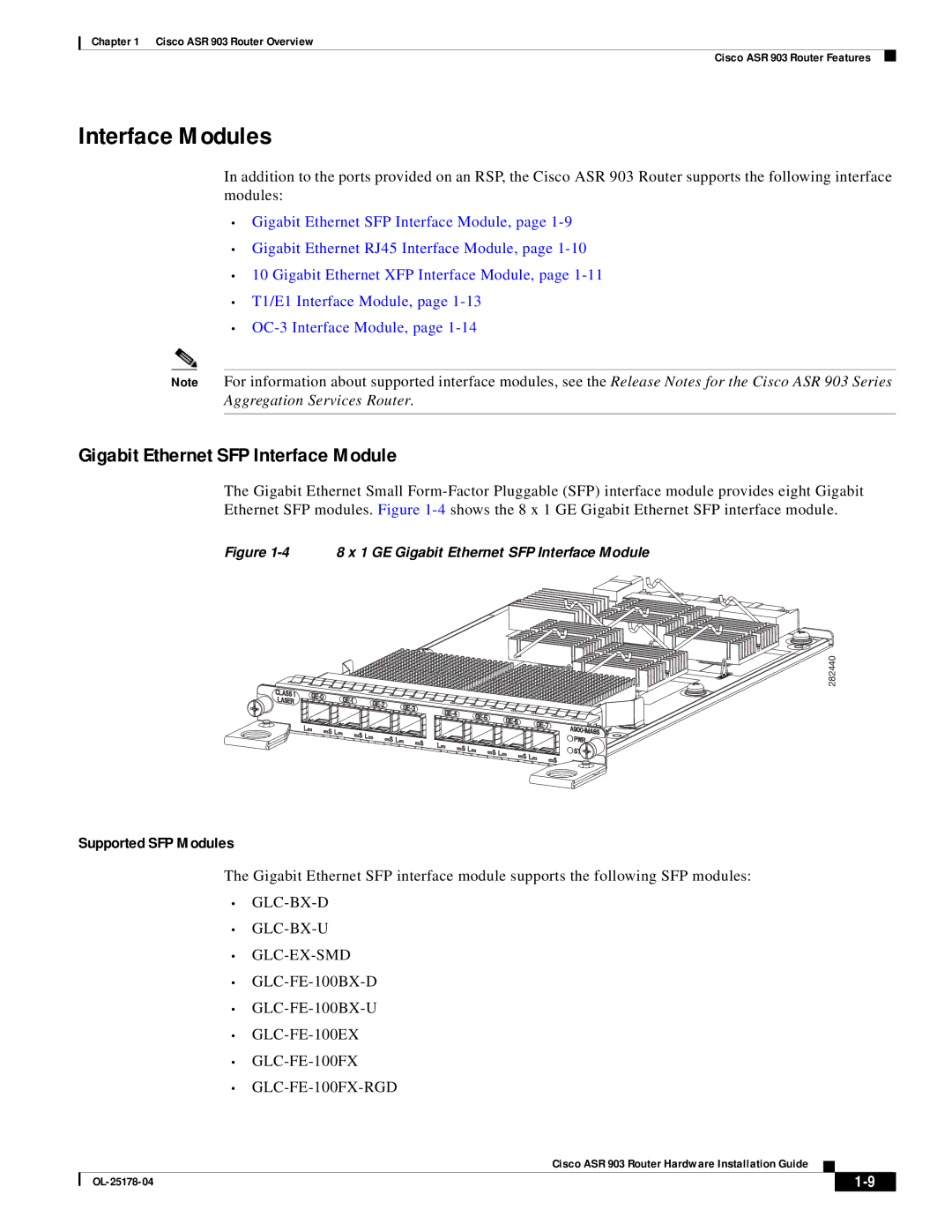 Cisco Systems ASR 903 manual Interface Modules, Gigabit Ethernet SFP Interface Module 