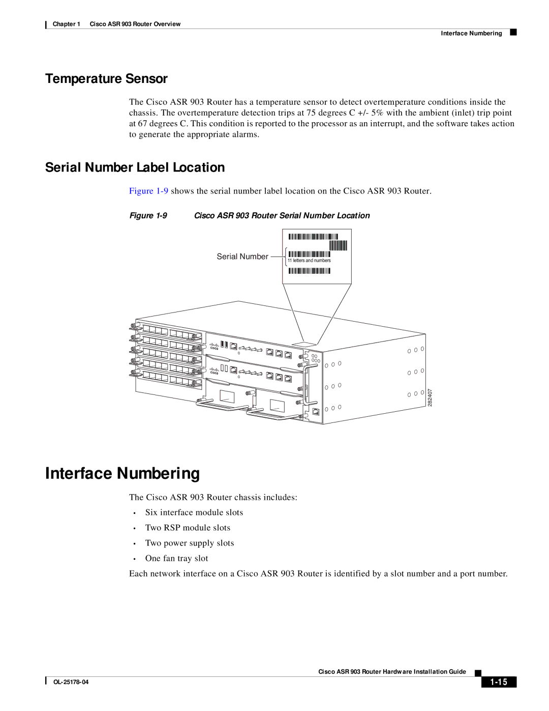 Cisco Systems ASR 903 manual Interface Numbering, Temperature Sensor, Serial Number Label Location 