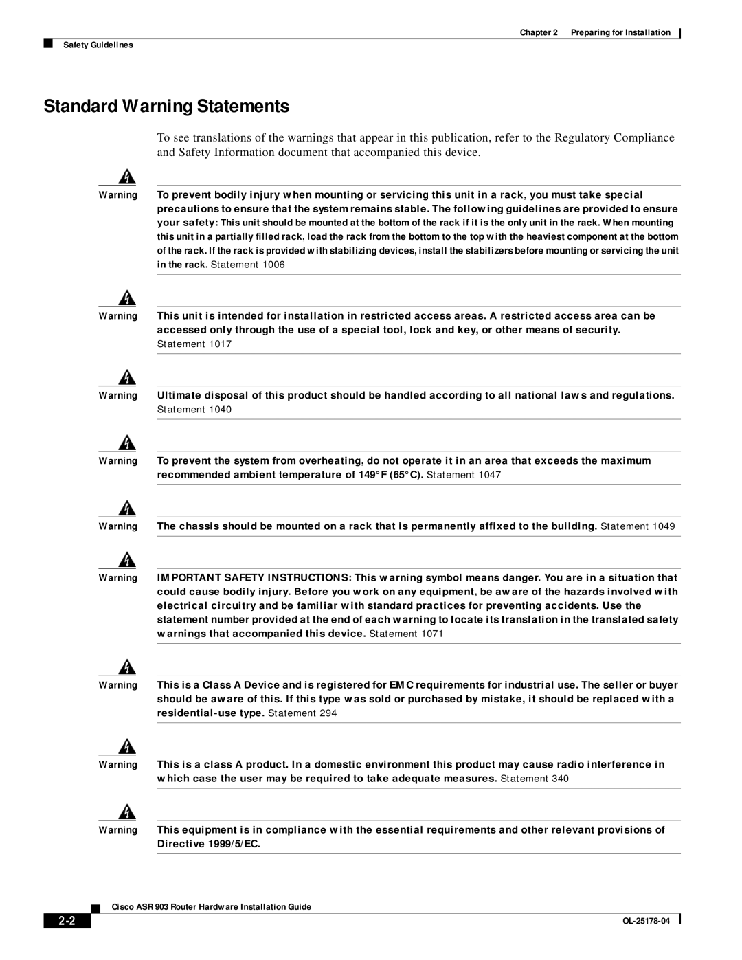 Cisco Systems ASR 903 manual Standard Warning Statements 