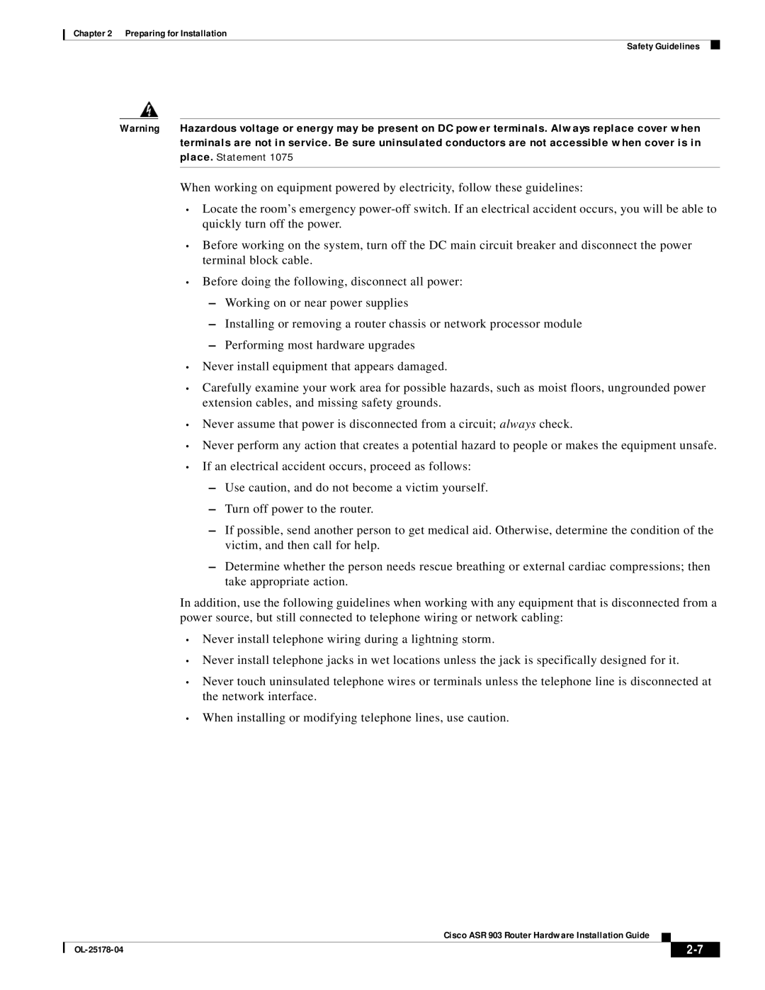 Cisco Systems ASR 903 manual Preparing for Installation Safety Guidelines 