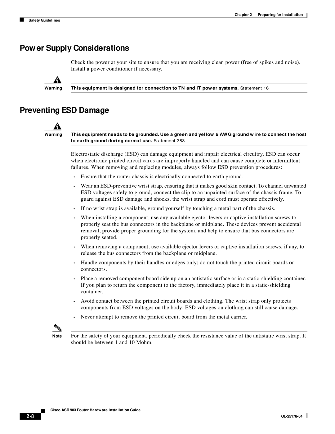 Cisco Systems ASR 903 manual Power Supply Considerations, Preventing ESD Damage 