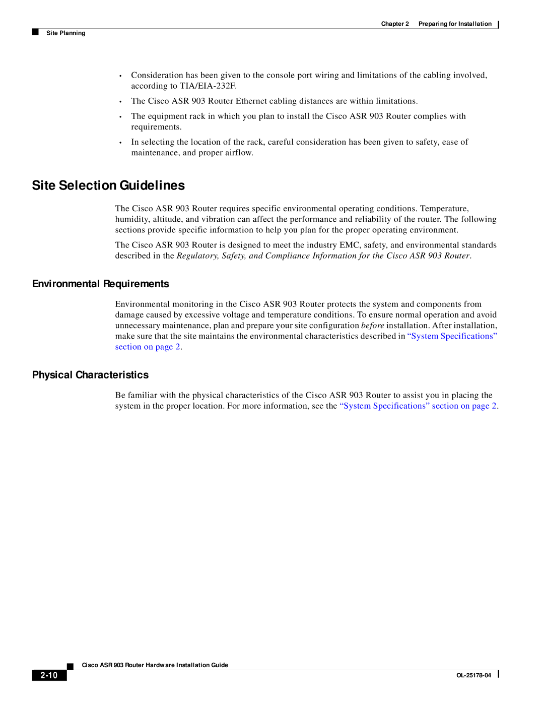 Cisco Systems ASR 903 manual Site Selection Guidelines, Environmental Requirements, Physical Characteristics 