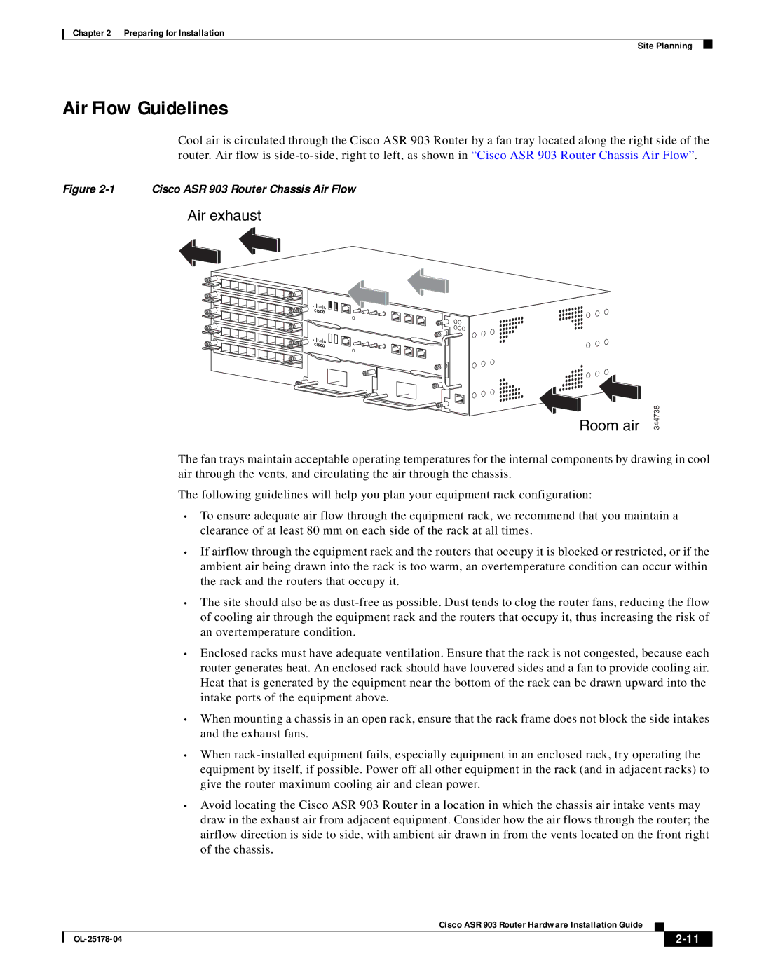 Cisco Systems ASR 903 manual Air Flow Guidelines, Air exhaust Room air 