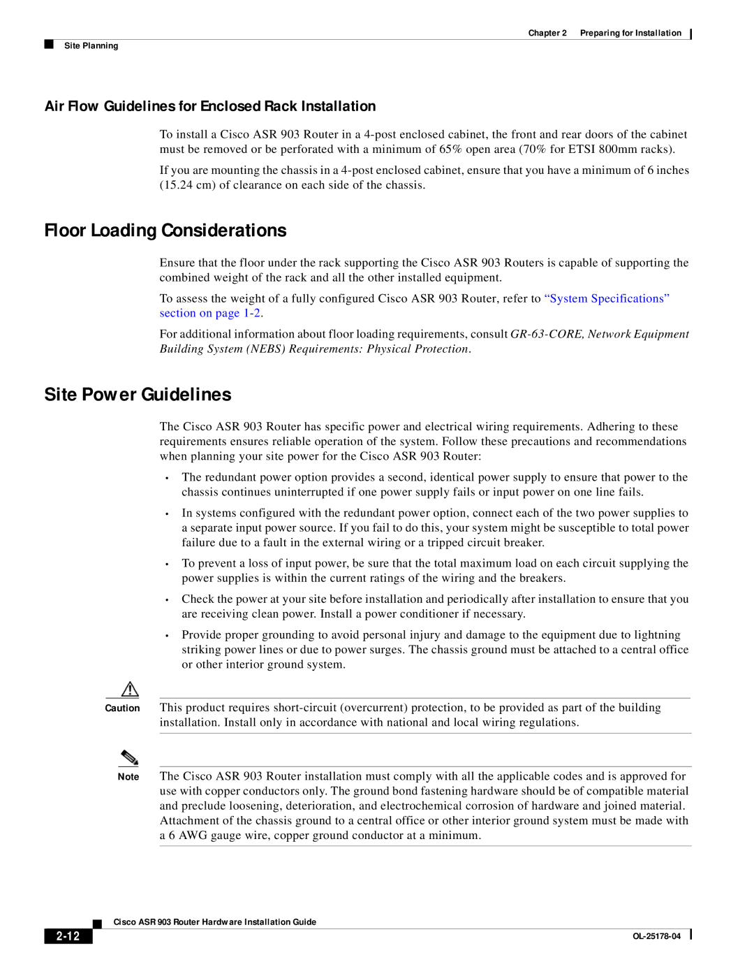 Cisco Systems ASR 903 manual Floor Loading Considerations, Site Power Guidelines 