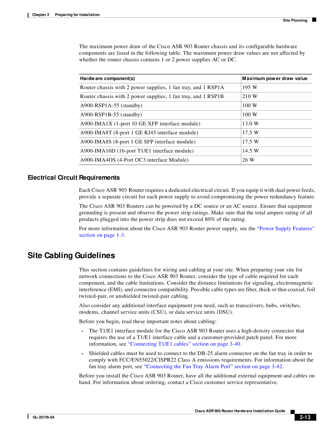 Cisco Systems ASR 903 manual Site Cabling Guidelines, Electrical Circuit Requirements, Hardware components 