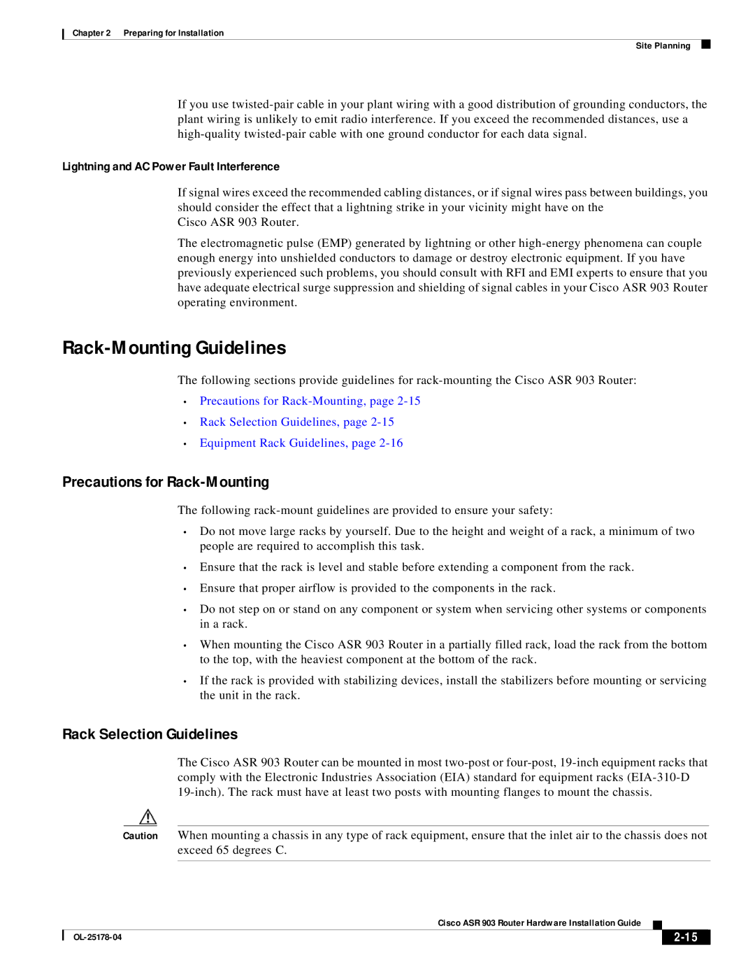 Cisco Systems ASR 903 manual Rack-Mounting Guidelines, Precautions for Rack-Mounting, Rack Selection Guidelines 