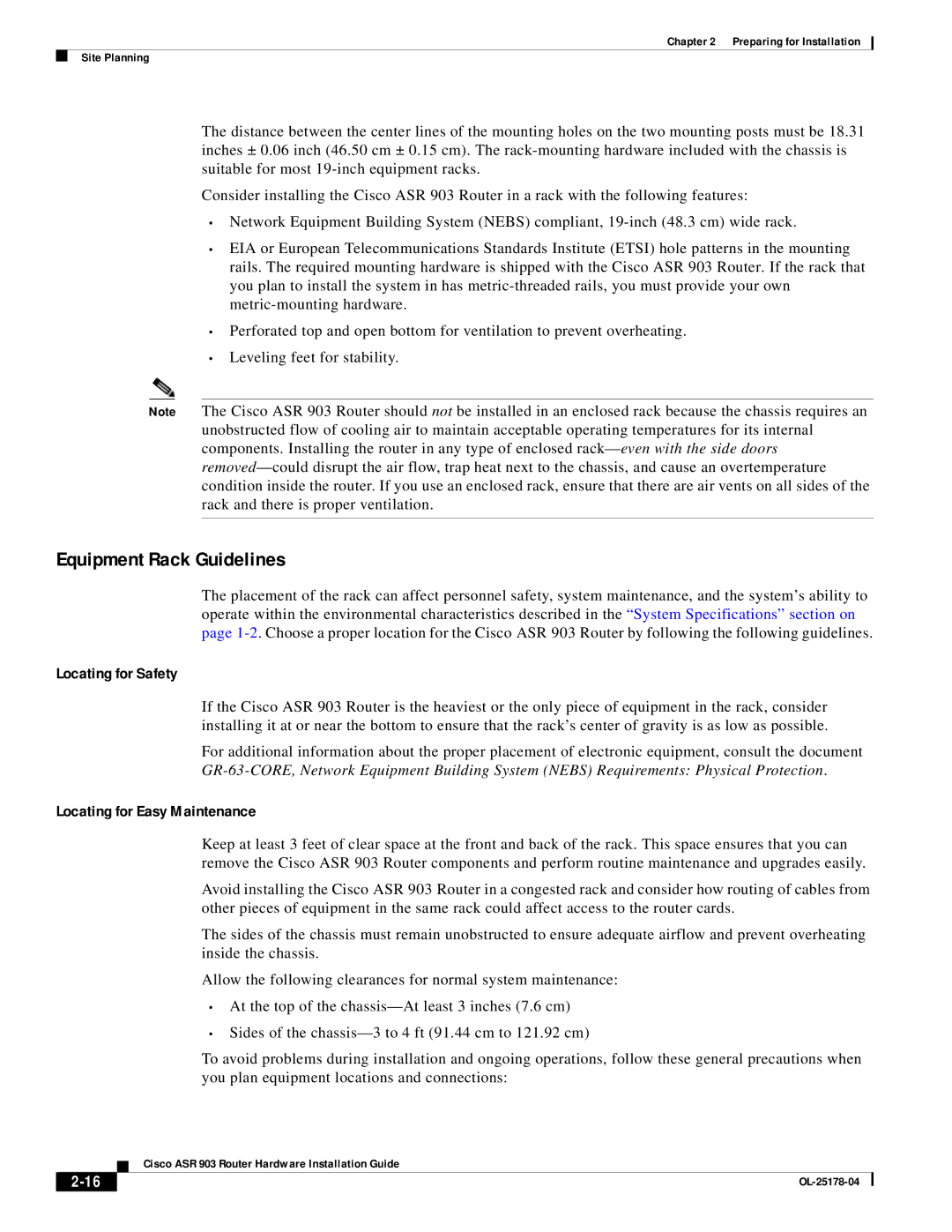 Cisco Systems ASR 903 manual Equipment Rack Guidelines, Locating for Safety 