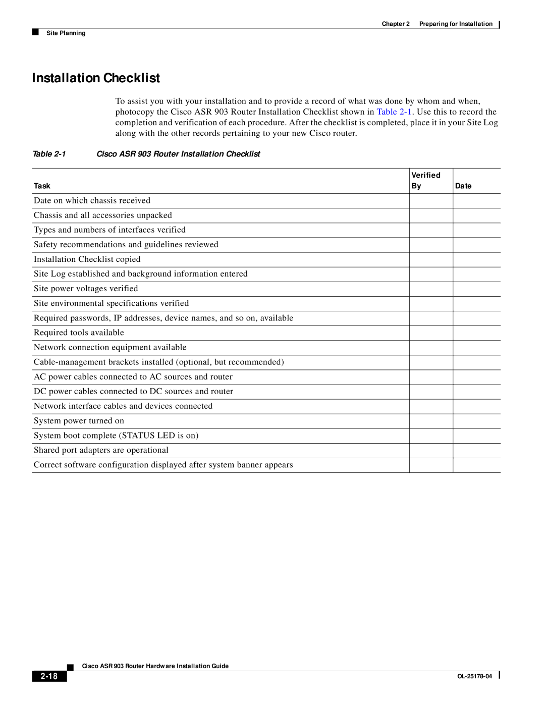 Cisco Systems ASR 903 manual Installation Checklist, Verified Task Date 