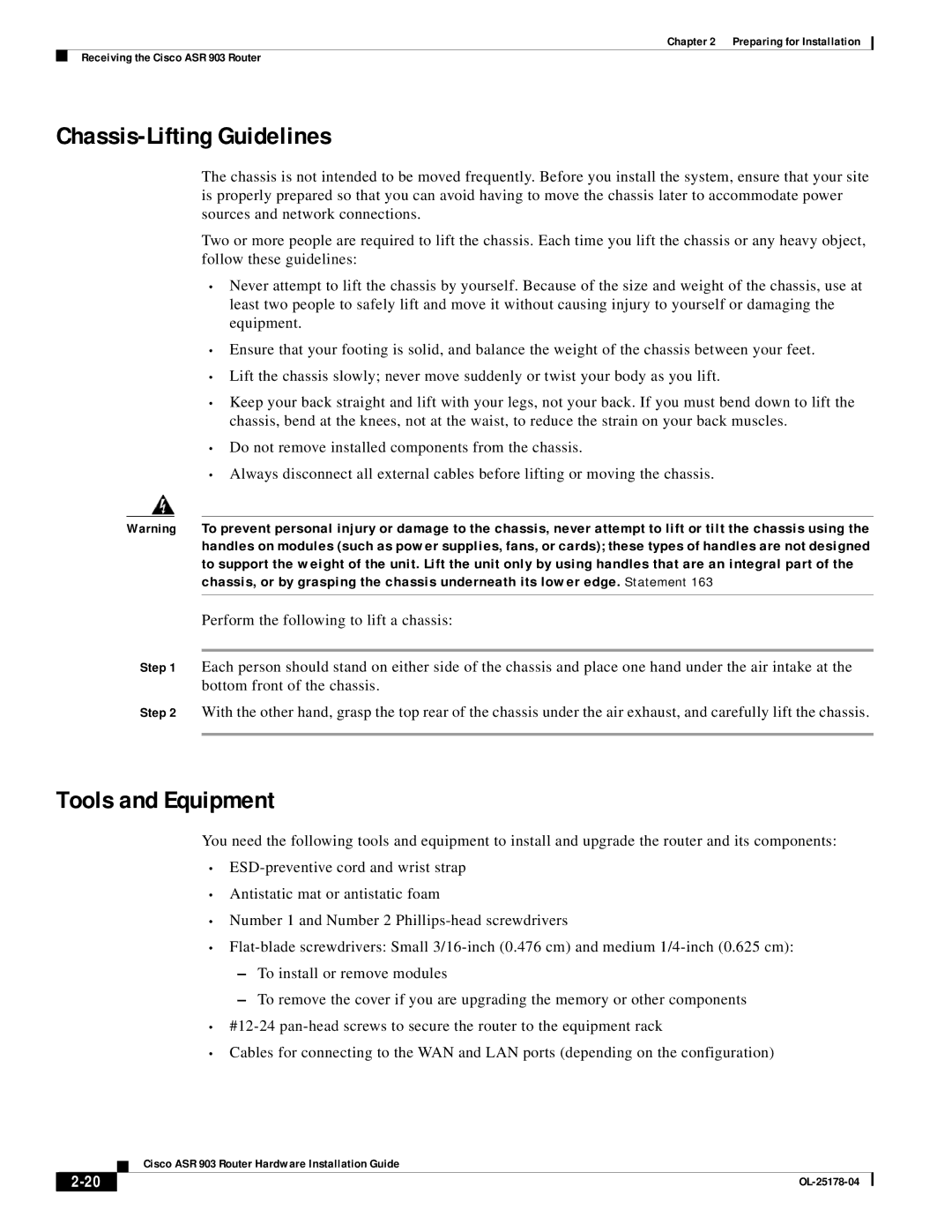 Cisco Systems ASR 903 manual Chassis-Lifting Guidelines, Tools and Equipment 