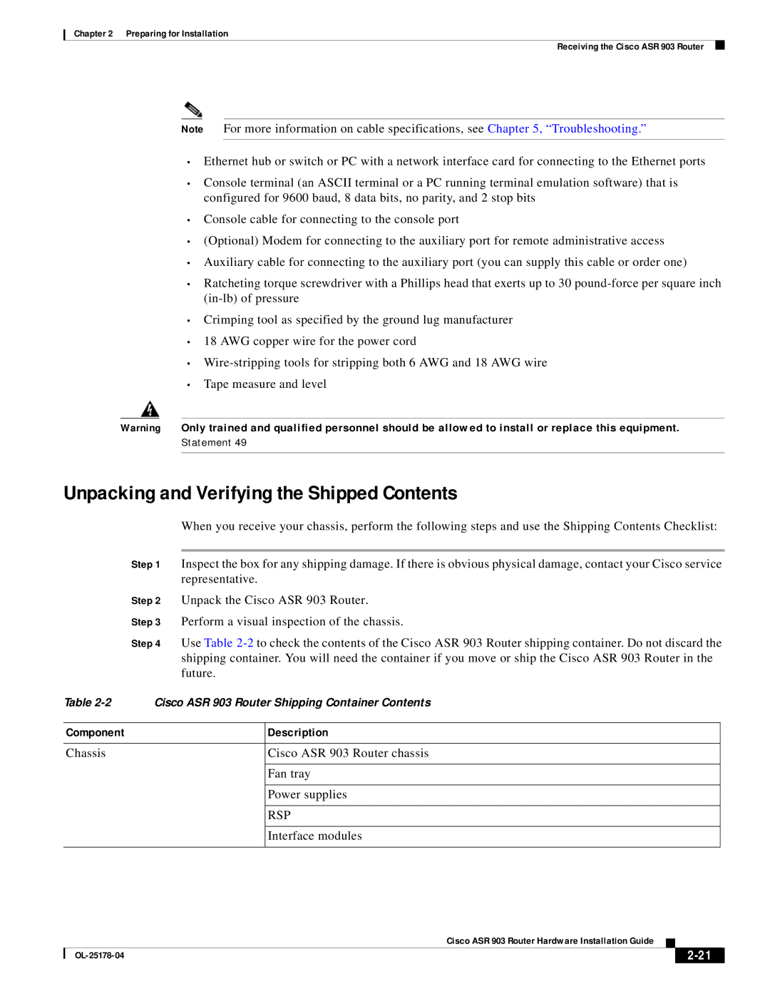 Cisco Systems ASR 903 manual Unpacking and Verifying the Shipped Contents 