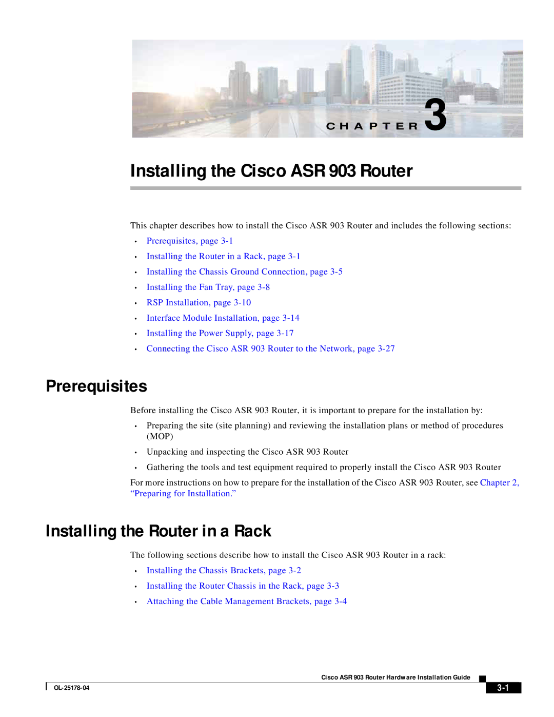 Cisco Systems ASR 903 manual Prerequisites, Installing the Router in a Rack 