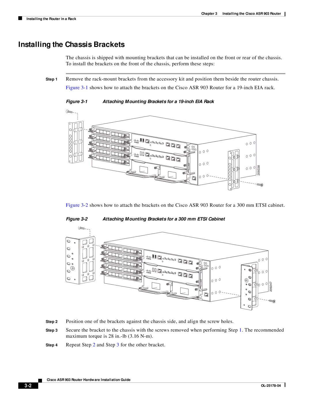 Cisco Systems ASR 903 manual Installing the Chassis Brackets, Attaching Mounting Brackets for a 19-inch EIA Rack 