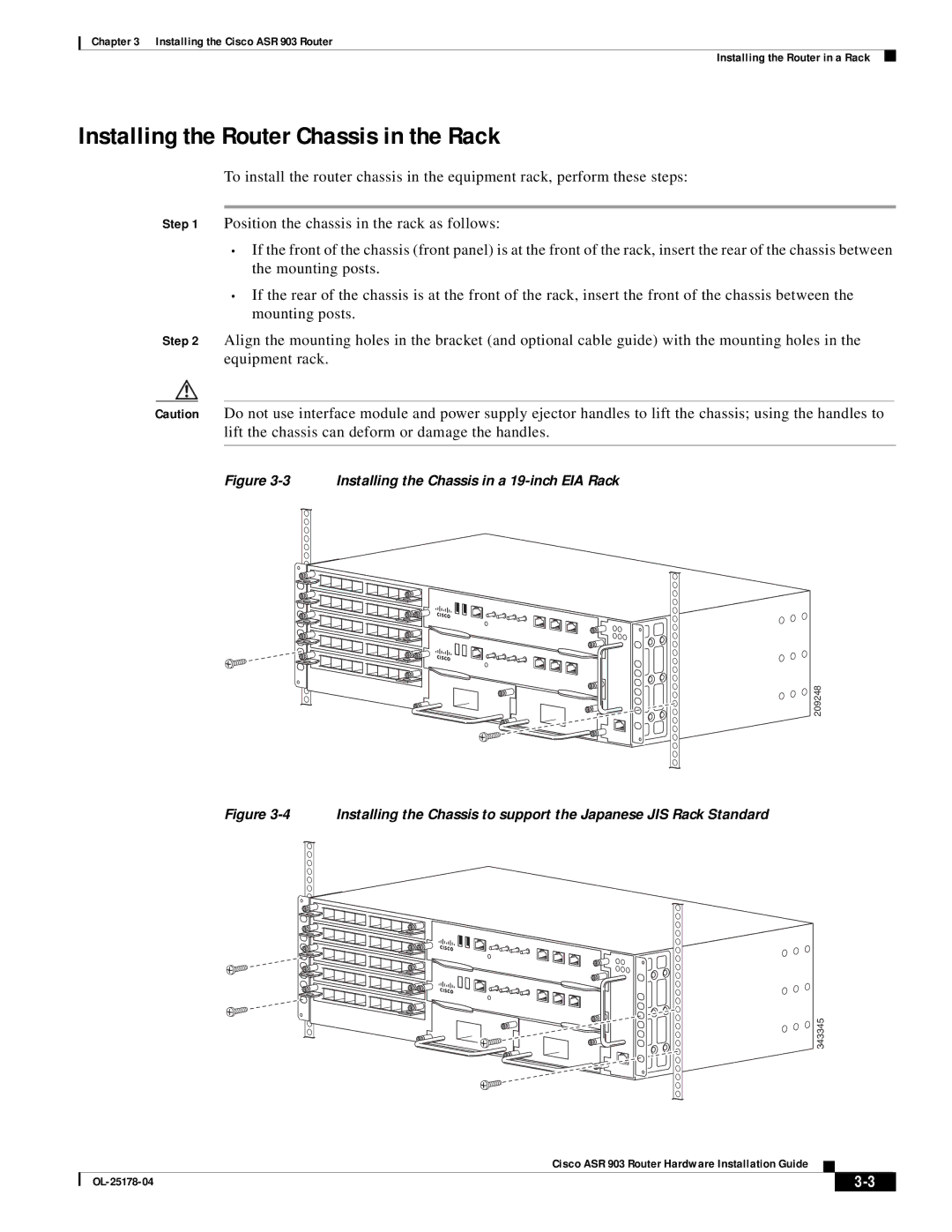 Cisco Systems ASR 903 manual Installing the Router Chassis in the Rack, Installing the Chassis in a 19-inch EIA Rack 