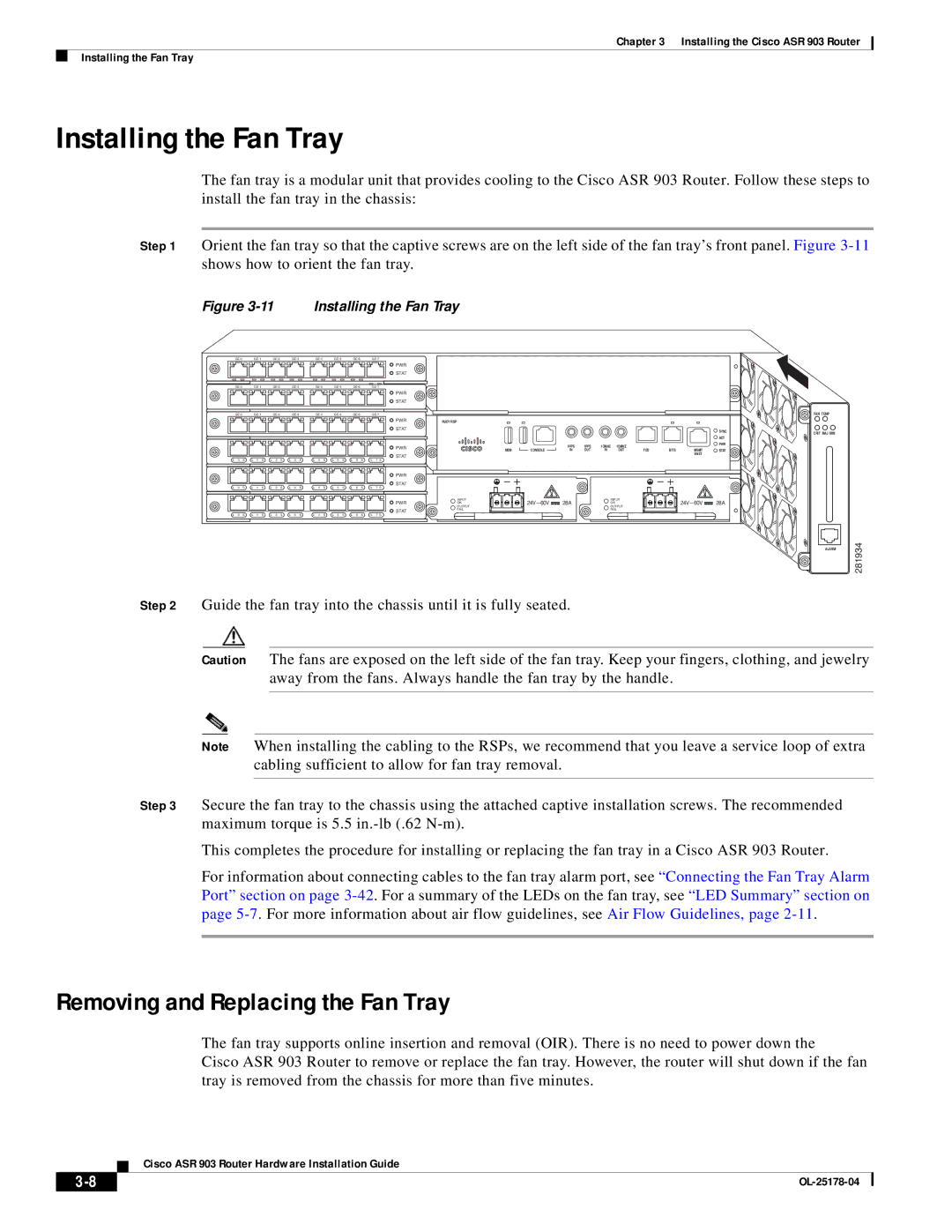 Cisco Systems ASR 903 manual Installing the Fan Tray, Removing and Replacing the Fan Tray 