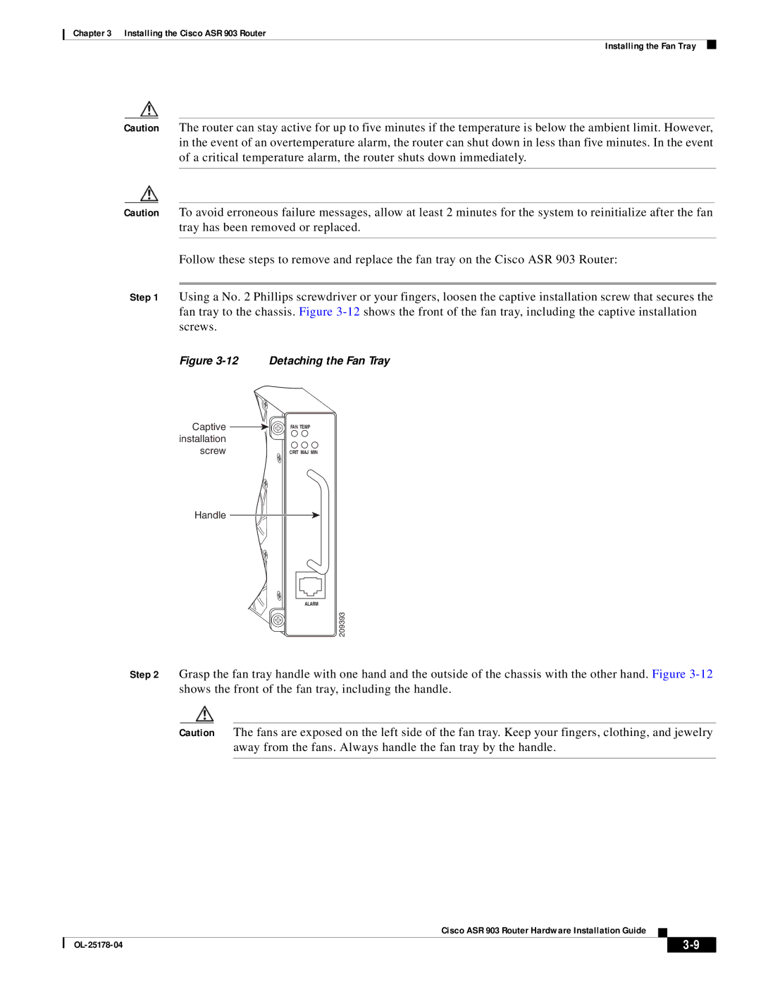 Cisco Systems ASR 903 manual Detaching the Fan Tray 