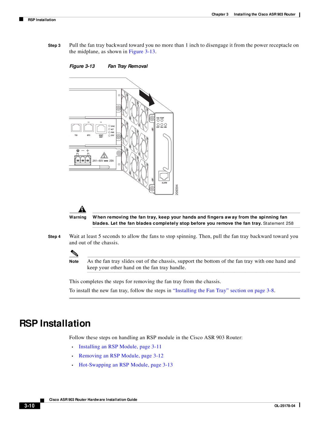 Cisco Systems ASR 903 manual RSP Installation, Fan Tray Removal 