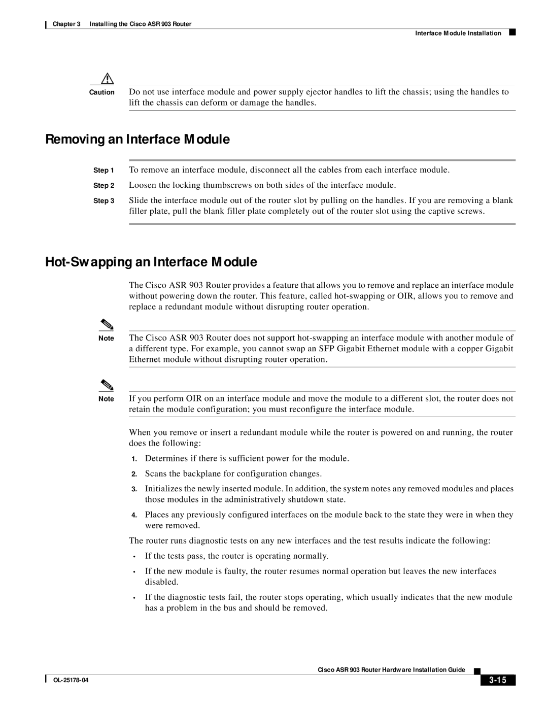 Cisco Systems ASR 903 manual Removing an Interface Module, Hot-Swapping an Interface Module 