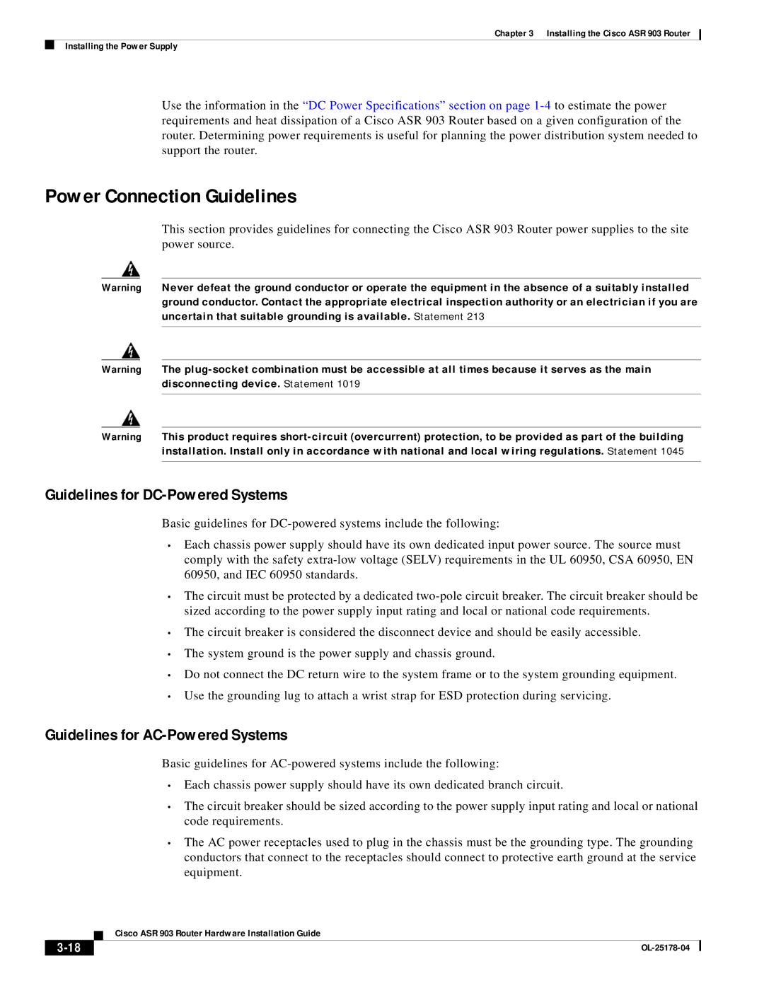 Cisco Systems ASR 903 Power Connection Guidelines, Guidelines for DC-Powered Systems, Guidelines for AC-Powered Systems 