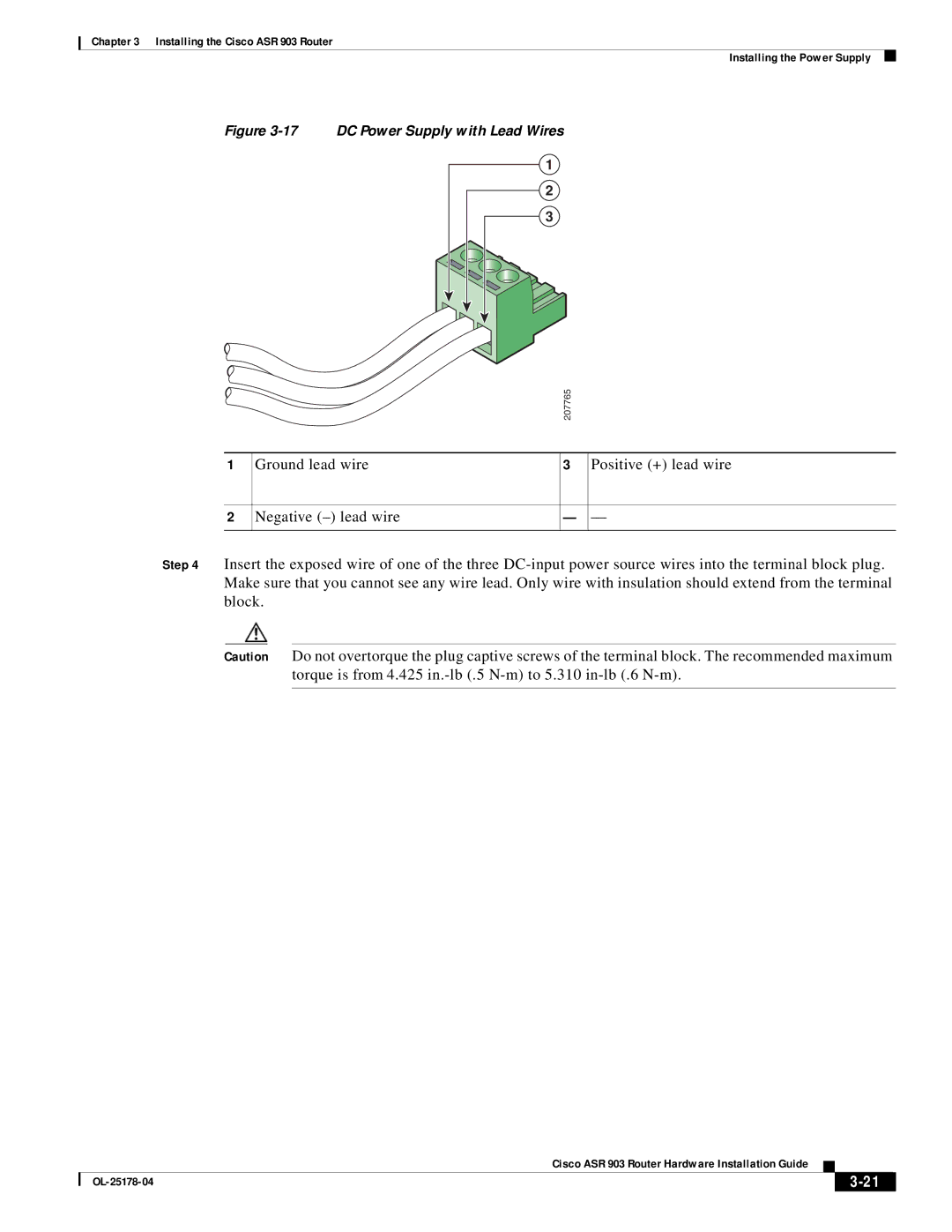 Cisco Systems ASR 903 manual DC Power Supply with Lead Wires 